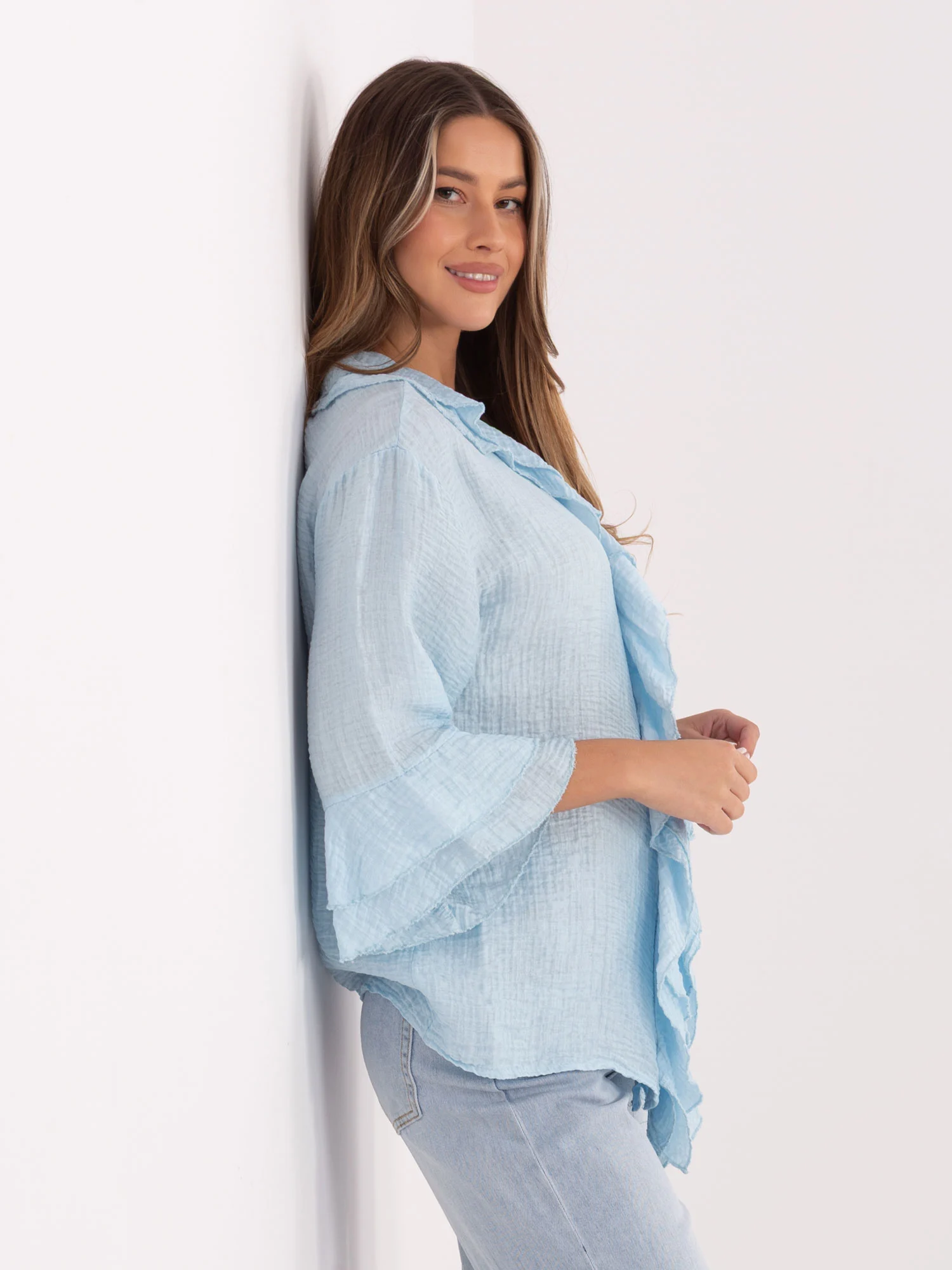 Camasa Dama Maneca lunga, Boho, ITALY MODA, Albastru Eleganta Office - imagine 7