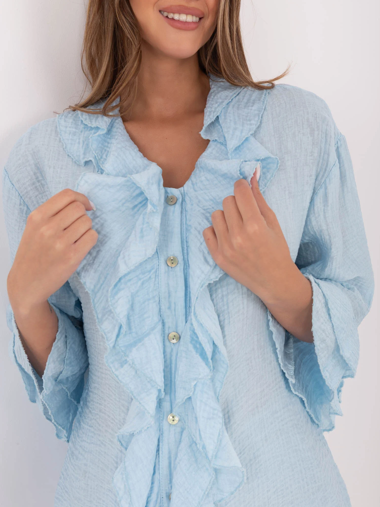 Camasa Dama Maneca lunga, Boho, ITALY MODA, Albastru Eleganta Office - imagine 3