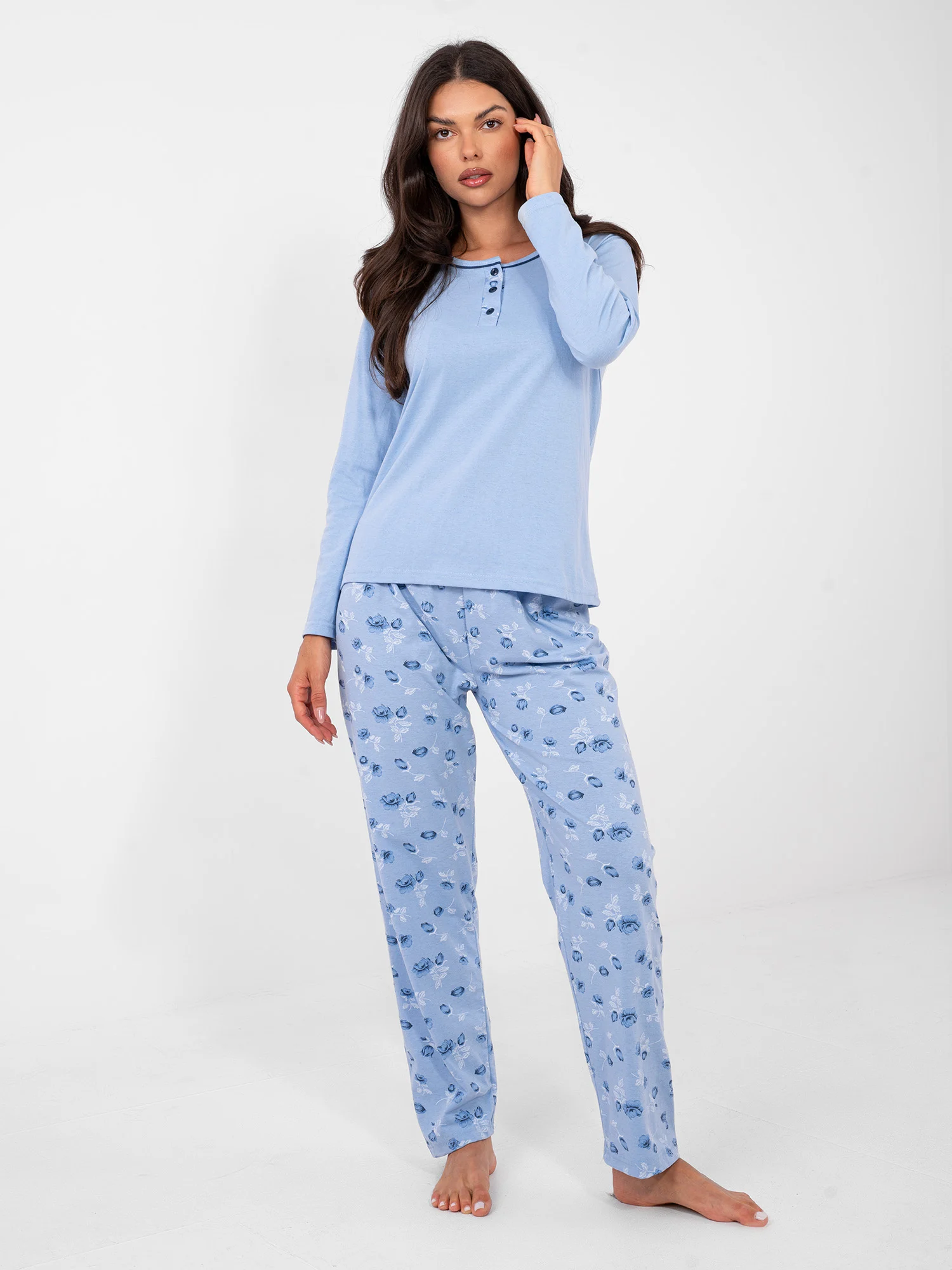 Pijama Dama Maneca lunga, Floral, Forever Pink, Albastru Marimi Mari - imagine 3
