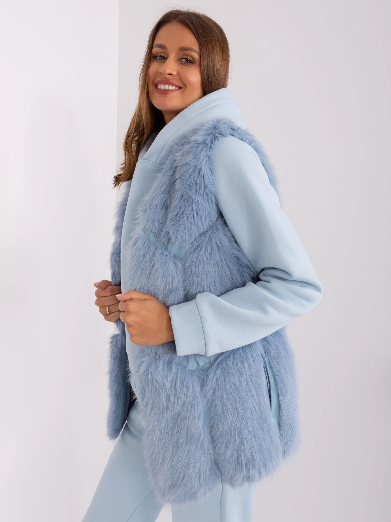 Vesta Dama Fara maneci, Guler inalt, Wool Fashion Italia, Albastru de Vara - imagine 2
