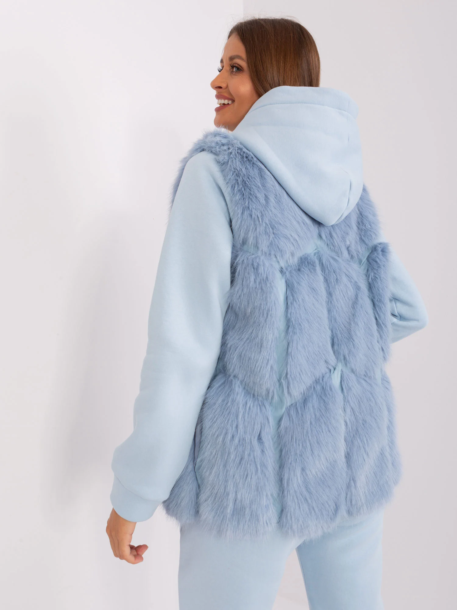 Vesta Dama Fara maneci, Guler inalt, Wool Fashion Italia, Albastru de Vara - imagine 4