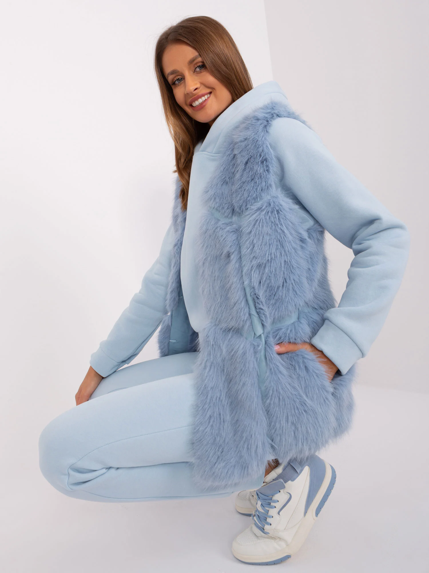 Vesta Dama Fara maneci, Guler inalt, Wool Fashion Italia, Albastru de Vara - imagine 6