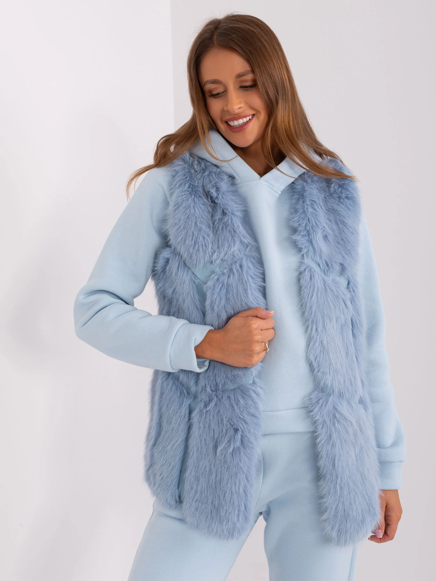 Vesta Dama Fara maneci, Guler inalt, Wool Fashion Italia, Albastru de Vara - imagine 3