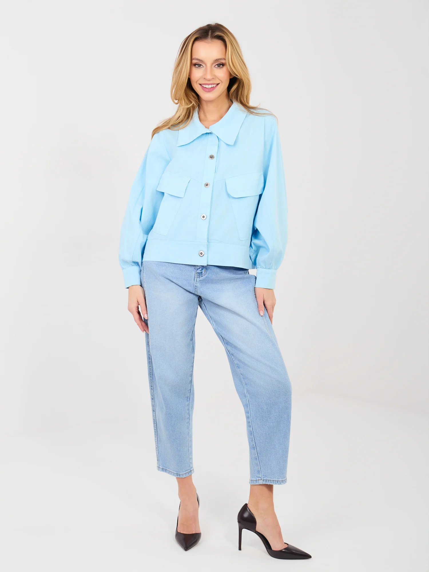 Jacheta Dama Mini, Guler inalt, RUE PARIS, Albastru Casual - imagine 6