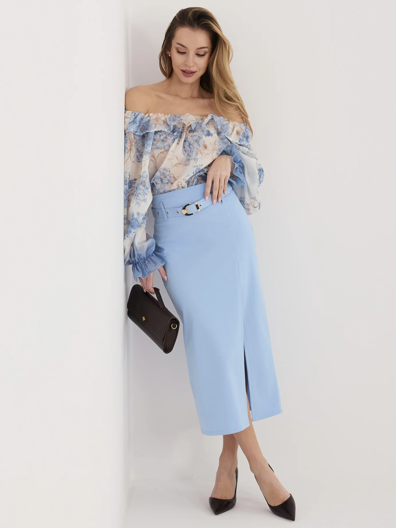 Fusta Dama Midi, Elegant, RUE PARIS, Albastru Eleganta Office - imagine 2