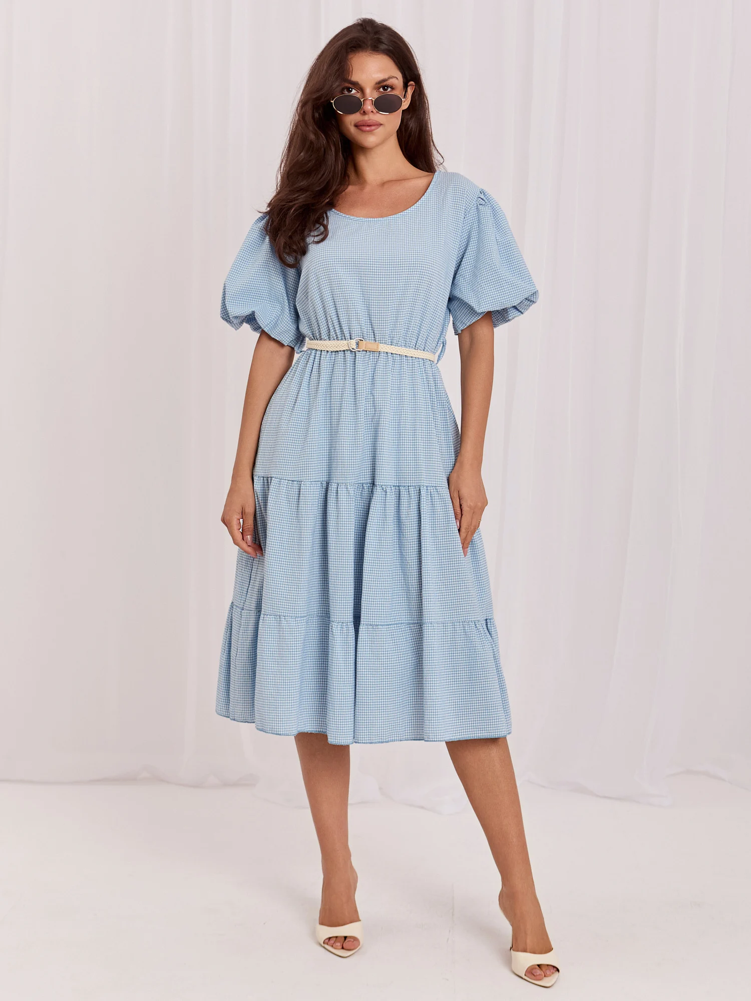 Rochie Dama Midi, Carouri, ITALY MODA, Albastru de Vara - imagine 2