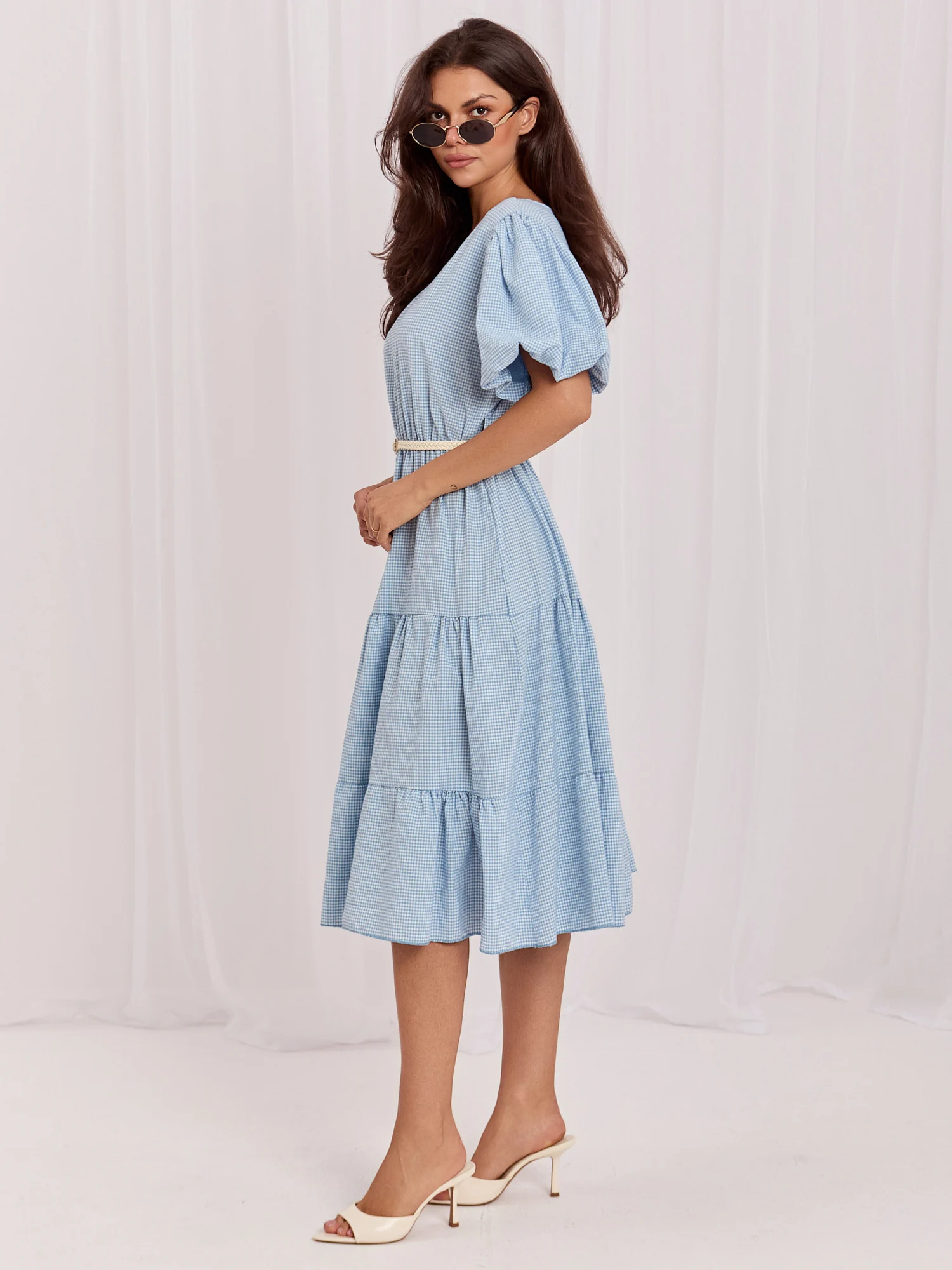 Rochie Dama Midi, Carouri, ITALY MODA, Albastru de Vara - imagine 5