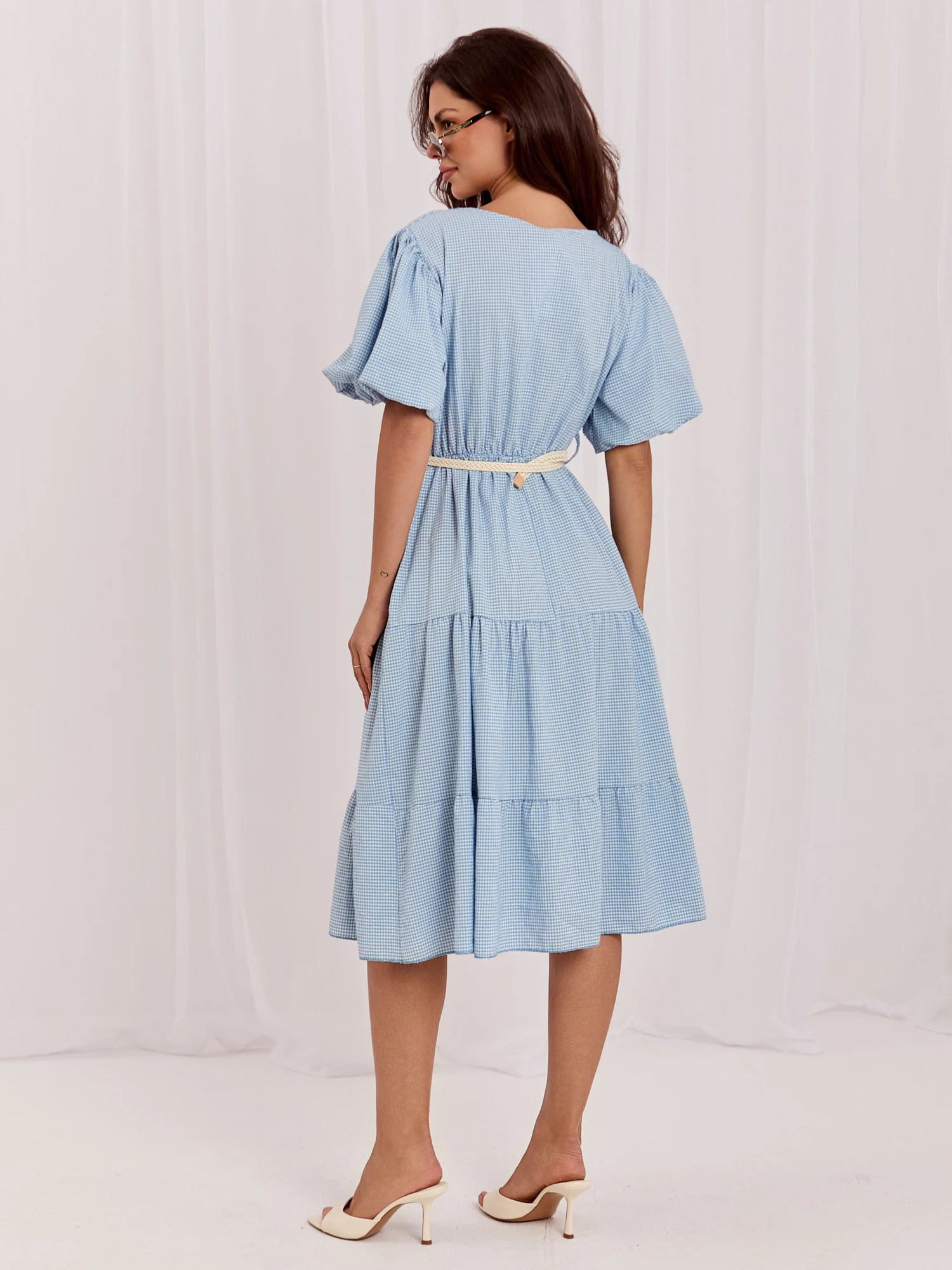 Rochie Dama Midi, Carouri, ITALY MODA, Albastru de Vara - imagine 4