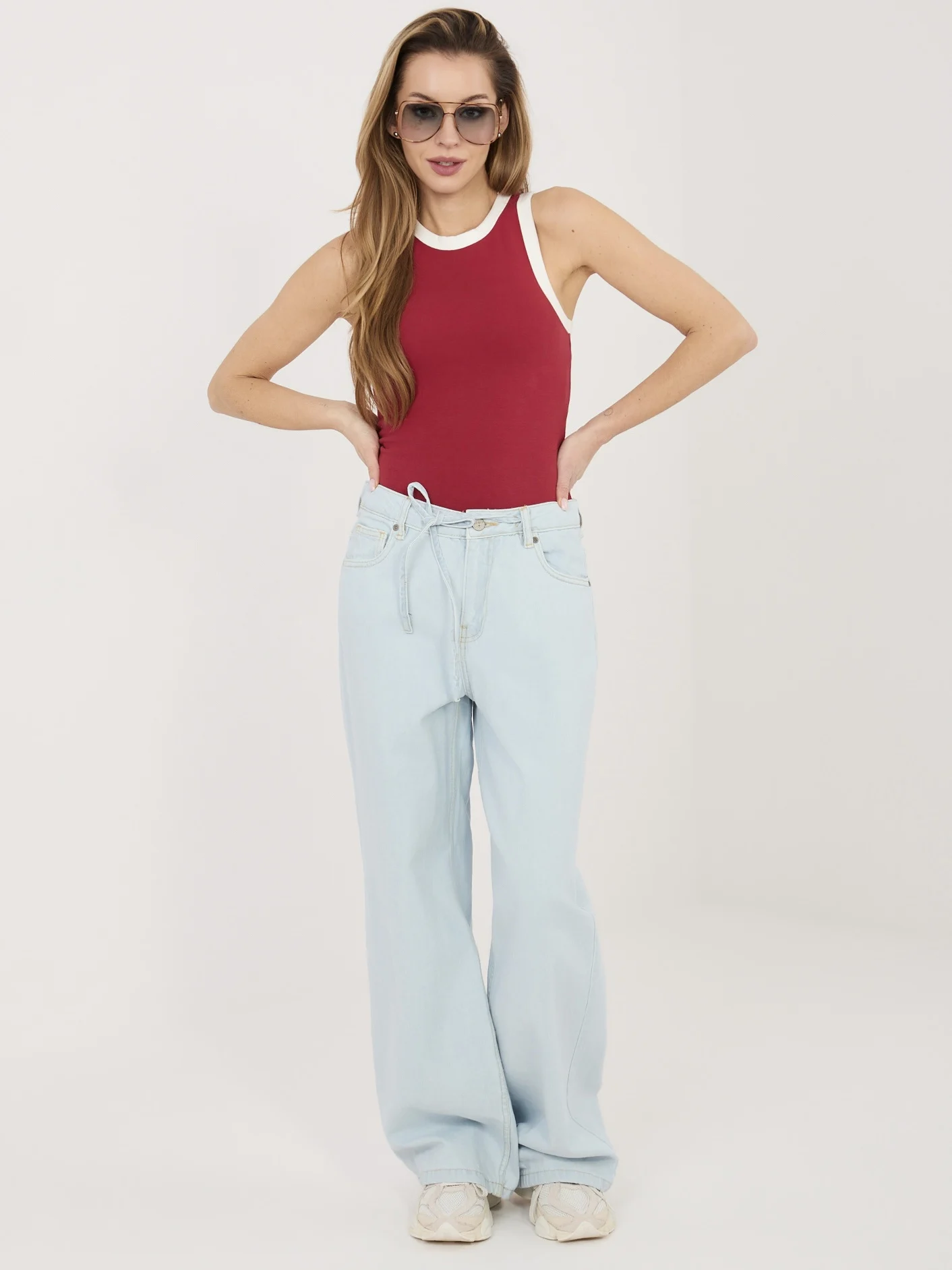 Pantaloni Dama Larga, Guler inalt, Sublevel, Albastru Casual Marimi Mari - imagine 2