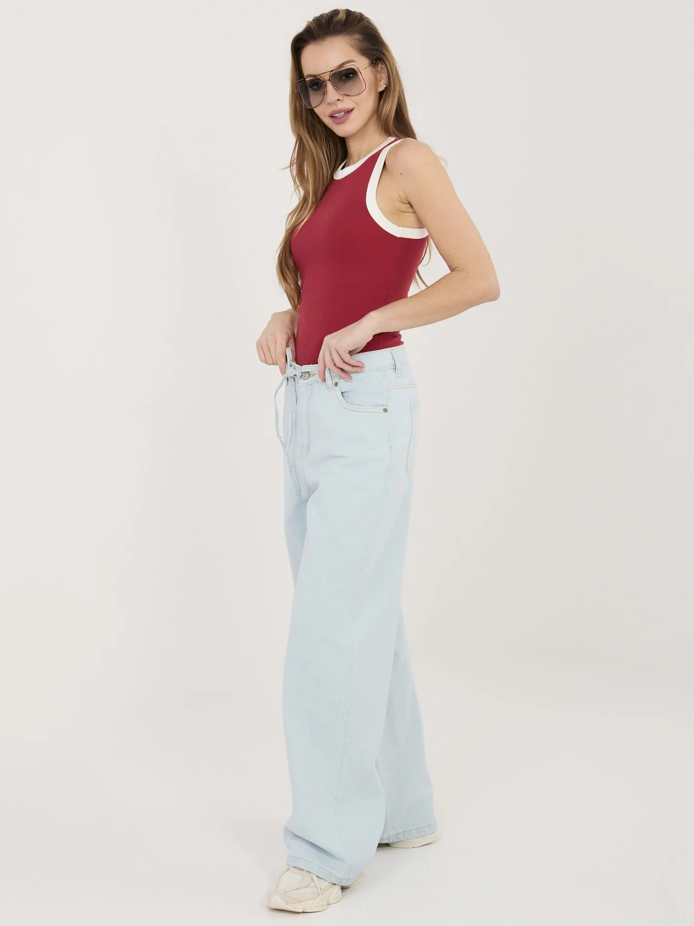 Pantaloni Dama Larga, Guler inalt, Sublevel, Albastru Casual Marimi Mari - imagine 5