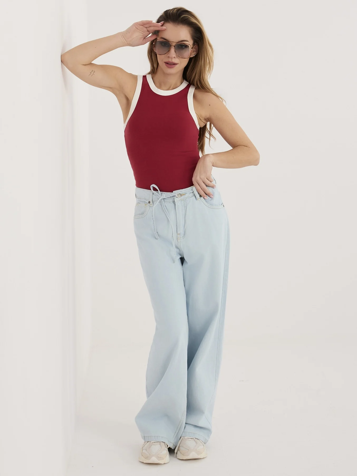 Pantaloni Dama Larga, Guler inalt, Sublevel, Albastru Casual Marimi Mari - imagine 4