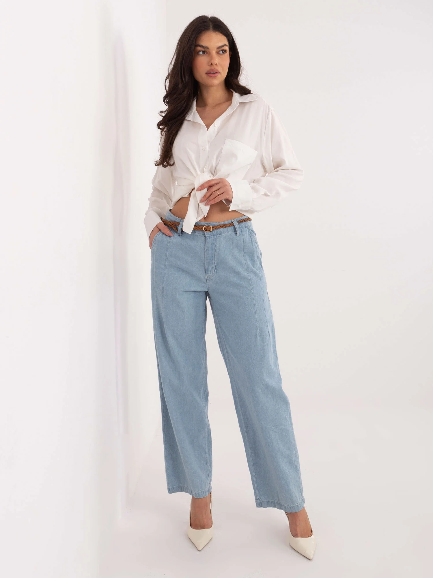 Pantaloni Dama Larga, Guler inalt, Sublevel, Albastru Casual Marimi Mari - imagine 5