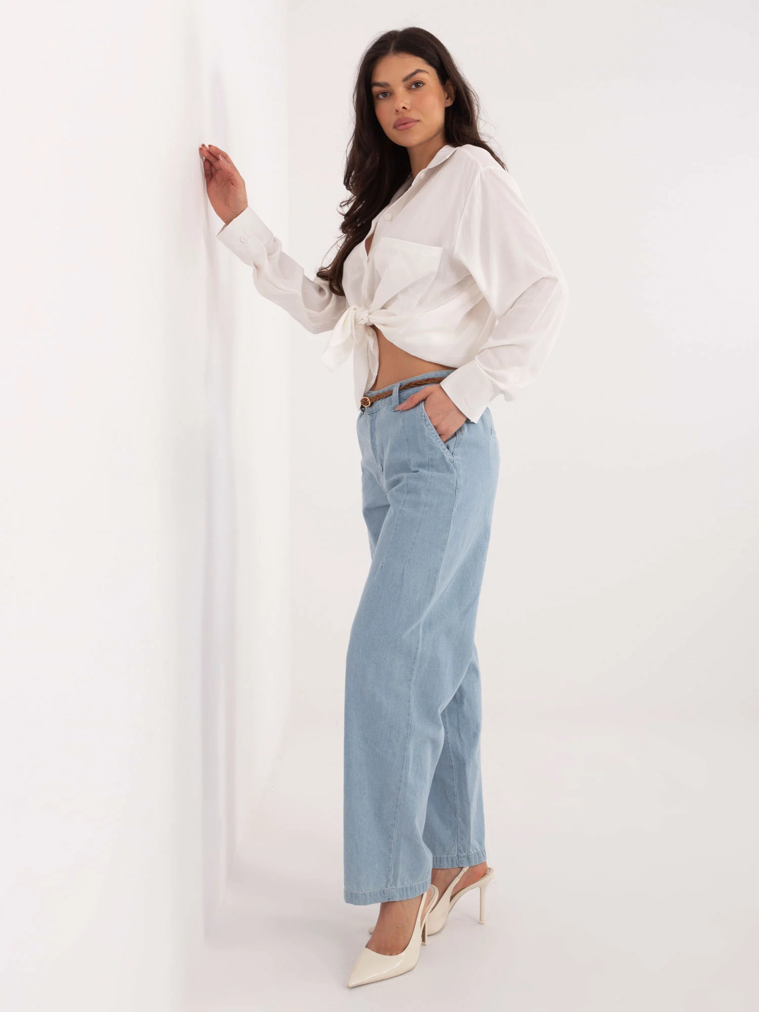 Pantaloni Dama Larga, Guler inalt, Sublevel, Albastru Casual Marimi Mari - imagine 2