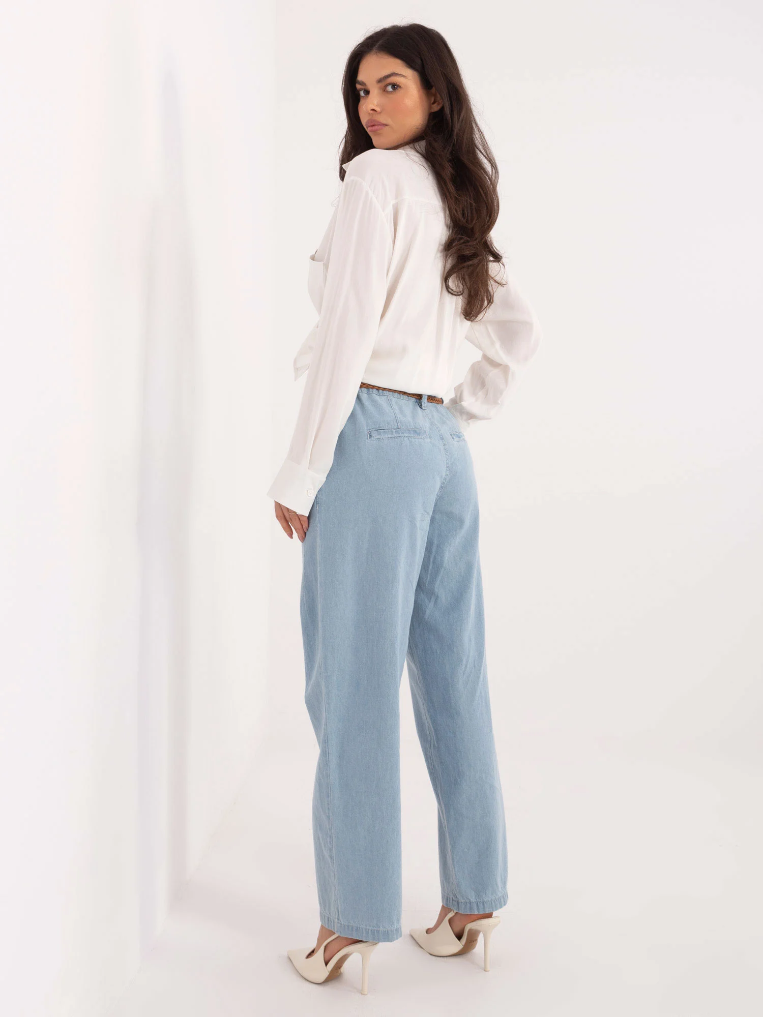 Pantaloni Dama Larga, Guler inalt, Sublevel, Albastru Casual Marimi Mari - imagine 3