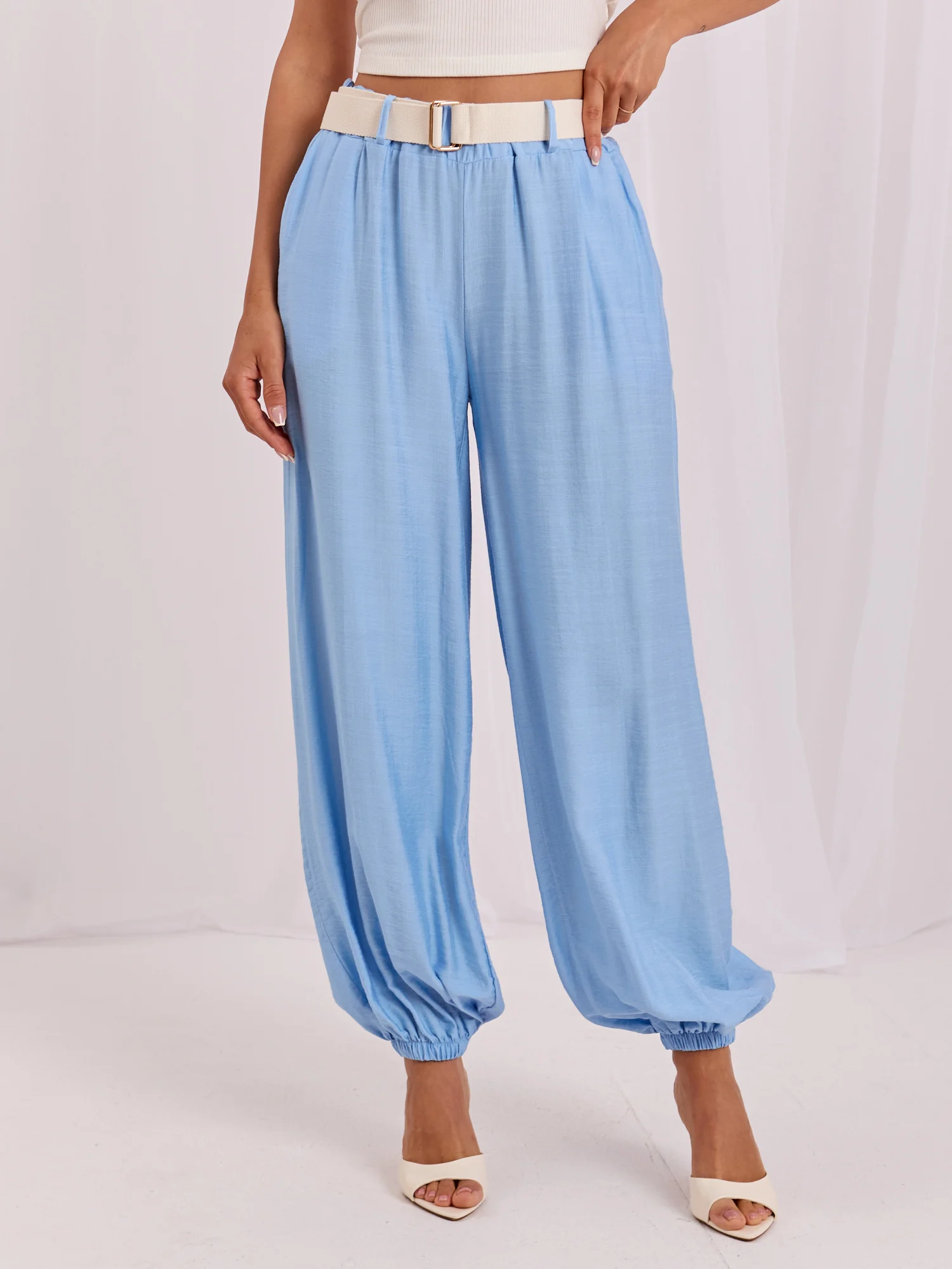 Pantaloni Dama Lunga, Mansete elastice, RUE PARIS, Albastru Eleganta Office - imagine 6