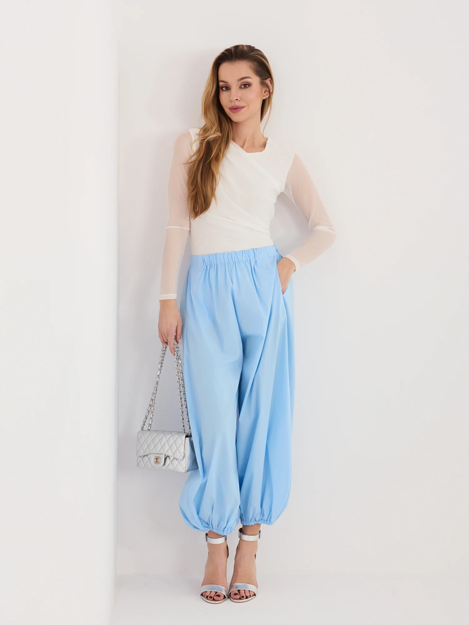 Pantaloni Dama 7/8, Mansete elastice, RUE PARIS, Albastru Casual - imagine 4