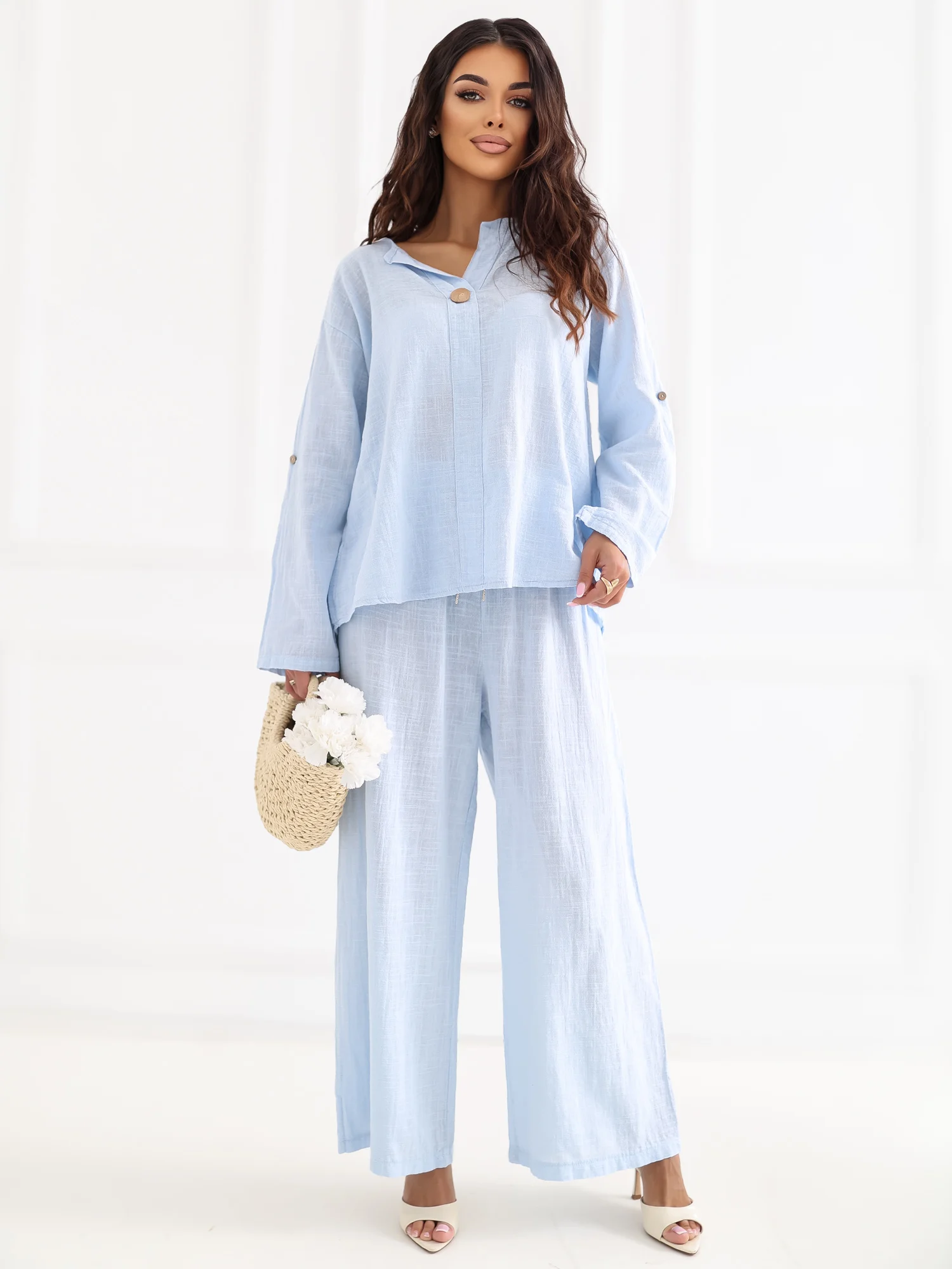 Pantaloni Dama Larga, Guler inalt, ITALY MODA, Albastru - imagine 2