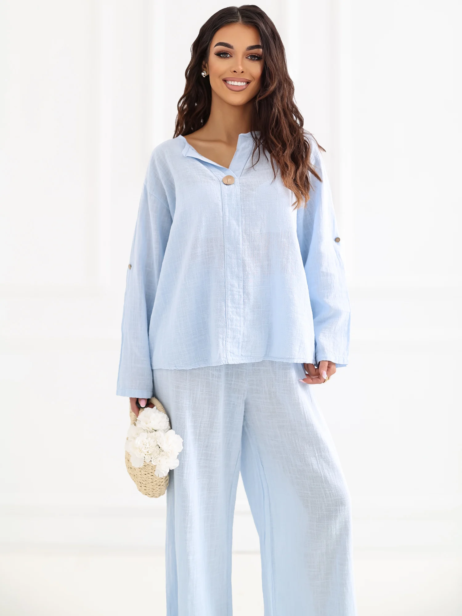 Pantaloni Dama Larga, Guler inalt, ITALY MODA, Albastru - imagine 5