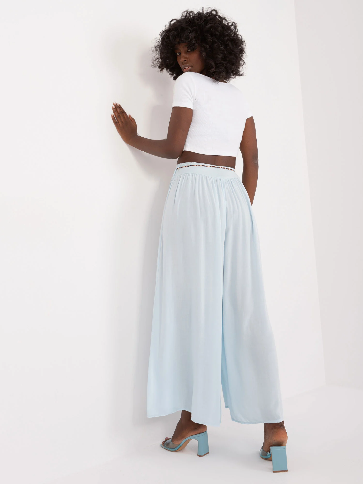 Pantaloni Dama Larga, Guler inalt, Och Bella, Bleu Casual - imagine 5