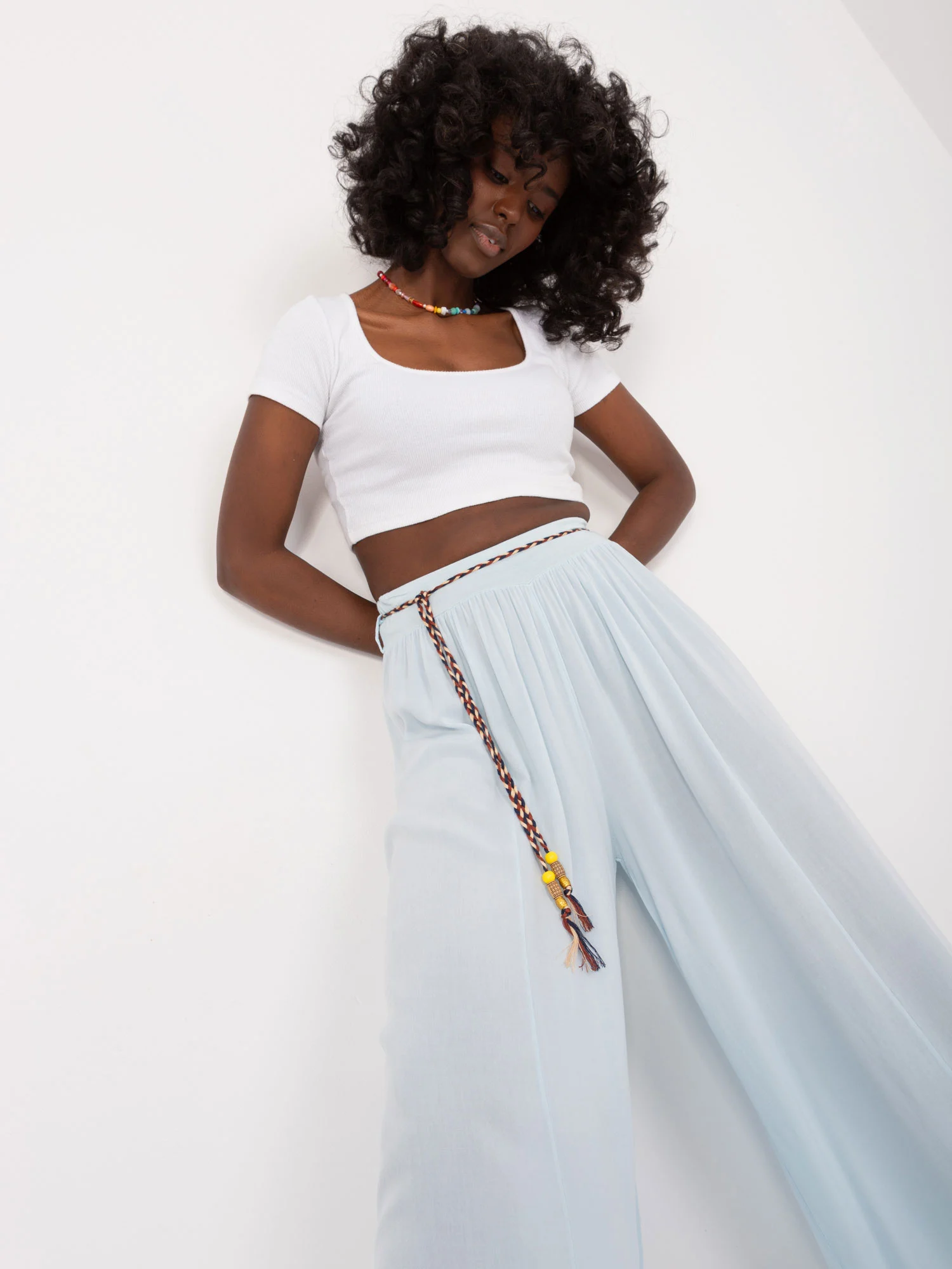 Pantaloni Dama Larga, Guler inalt, Och Bella, Bleu Casual - imagine 2