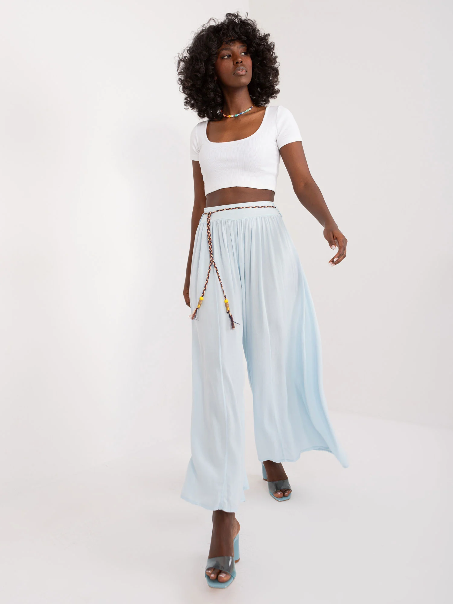Pantaloni Dama Larga, Guler inalt, Och Bella, Bleu Casual - imagine 3