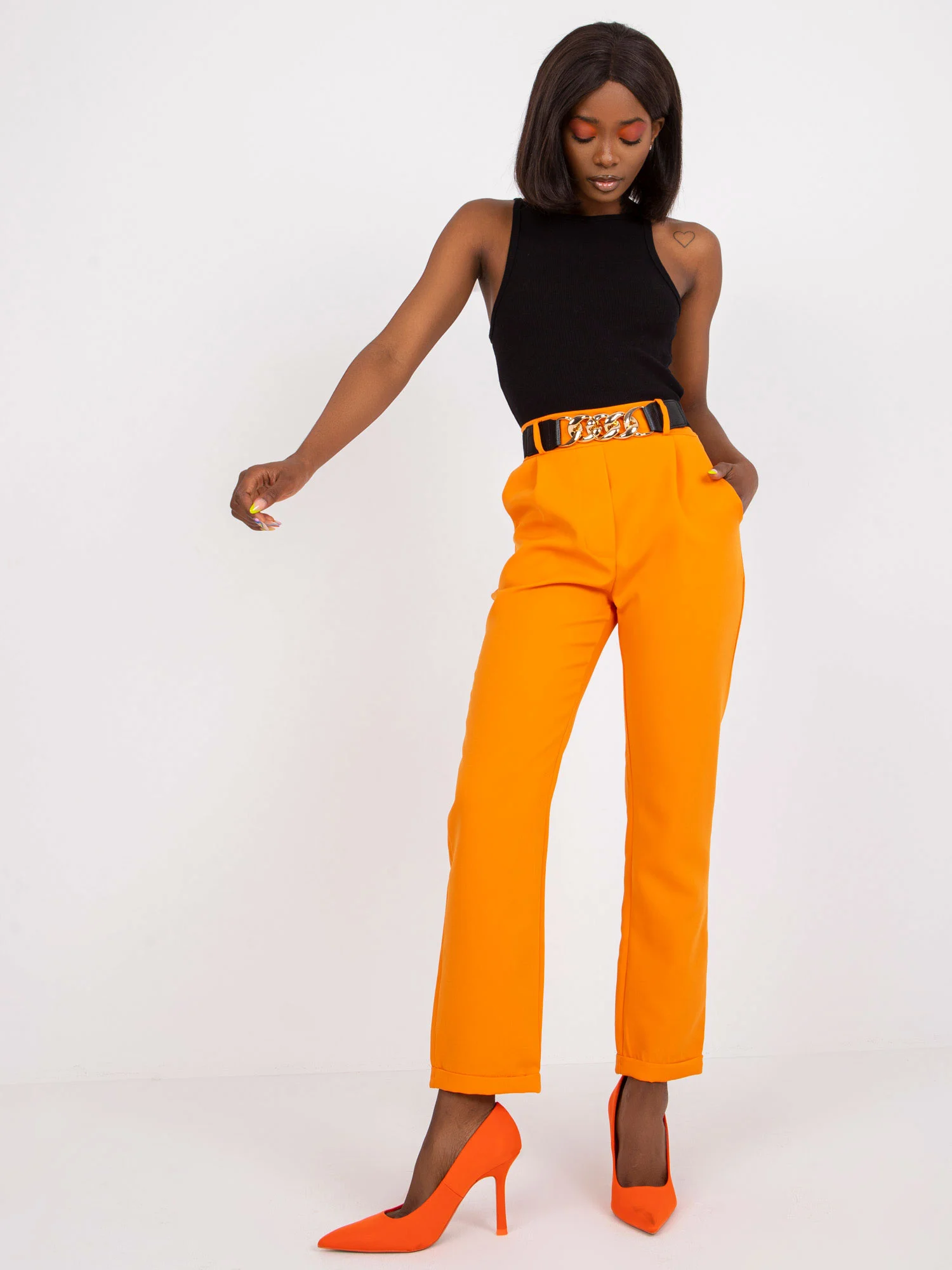 Pantaloni Dama Clasic, Guler inalt, ITALY MODA, Portocaliu de Petrecere Marimi Mari - Image 2