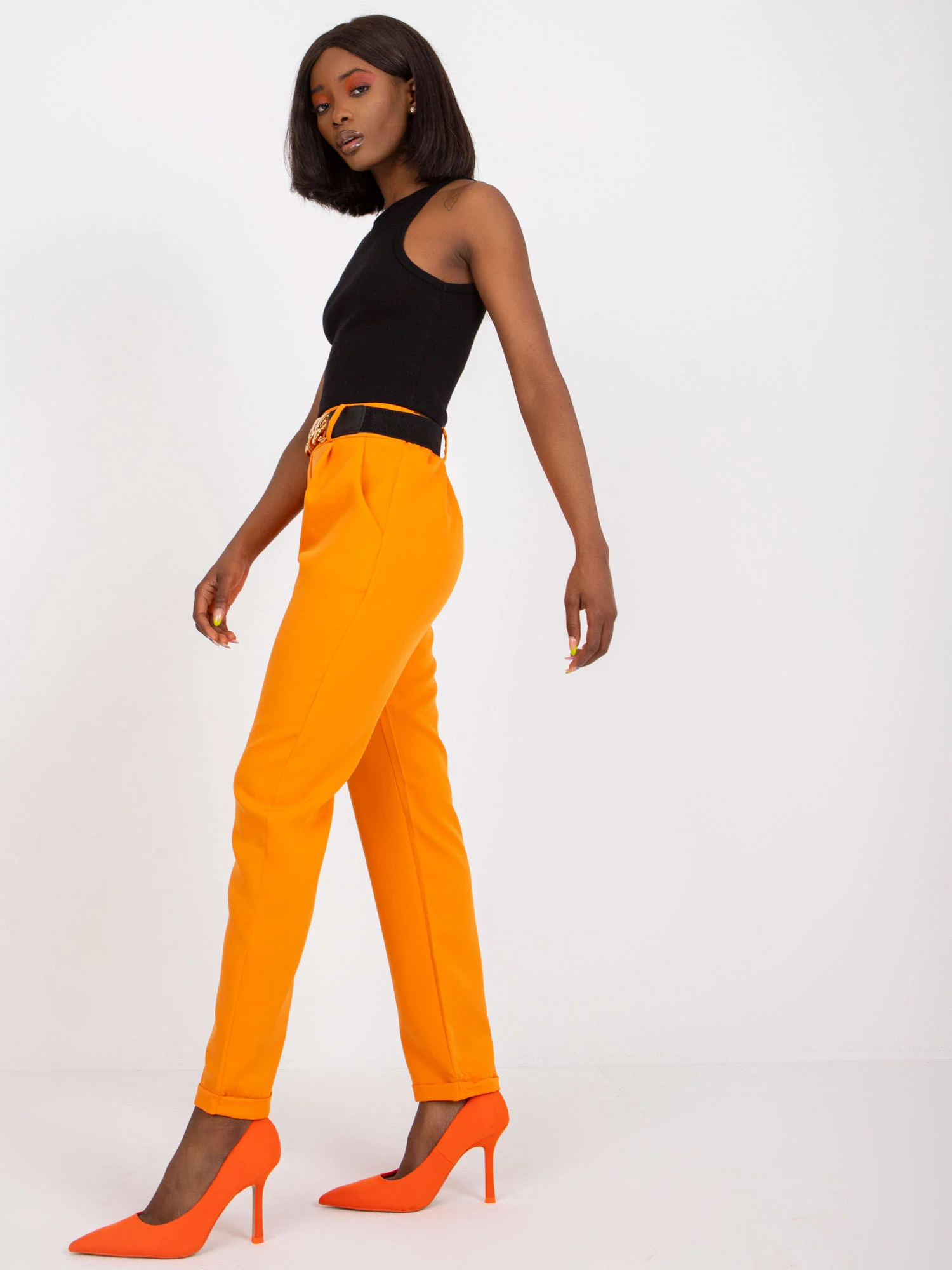 Pantaloni Dama Clasic, Guler inalt, ITALY MODA, Portocaliu de Petrecere Marimi Mari - Image 7
