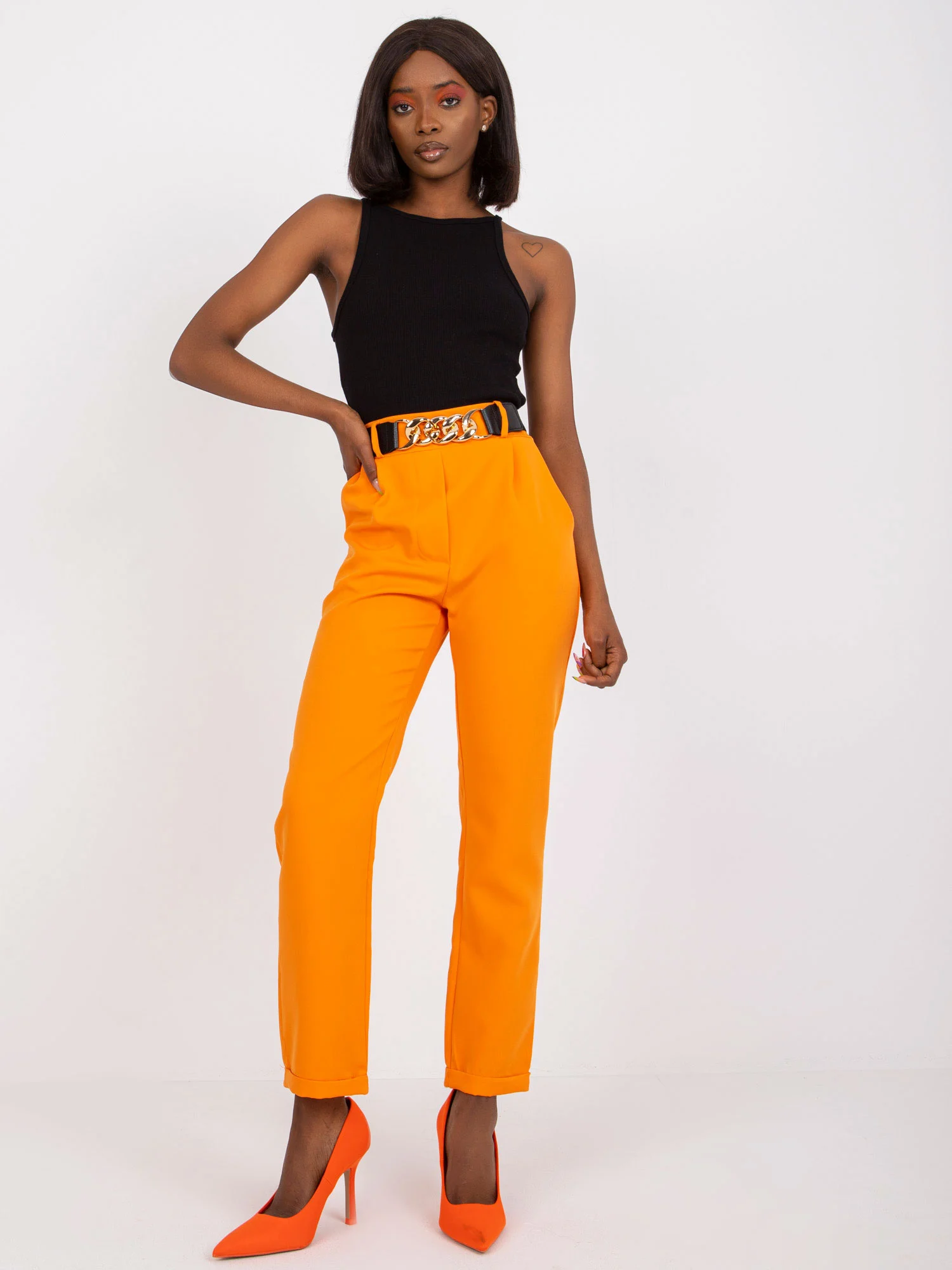 Pantaloni Dama Clasic, Guler inalt, ITALY MODA, Portocaliu de Petrecere Marimi Mari - Image 4