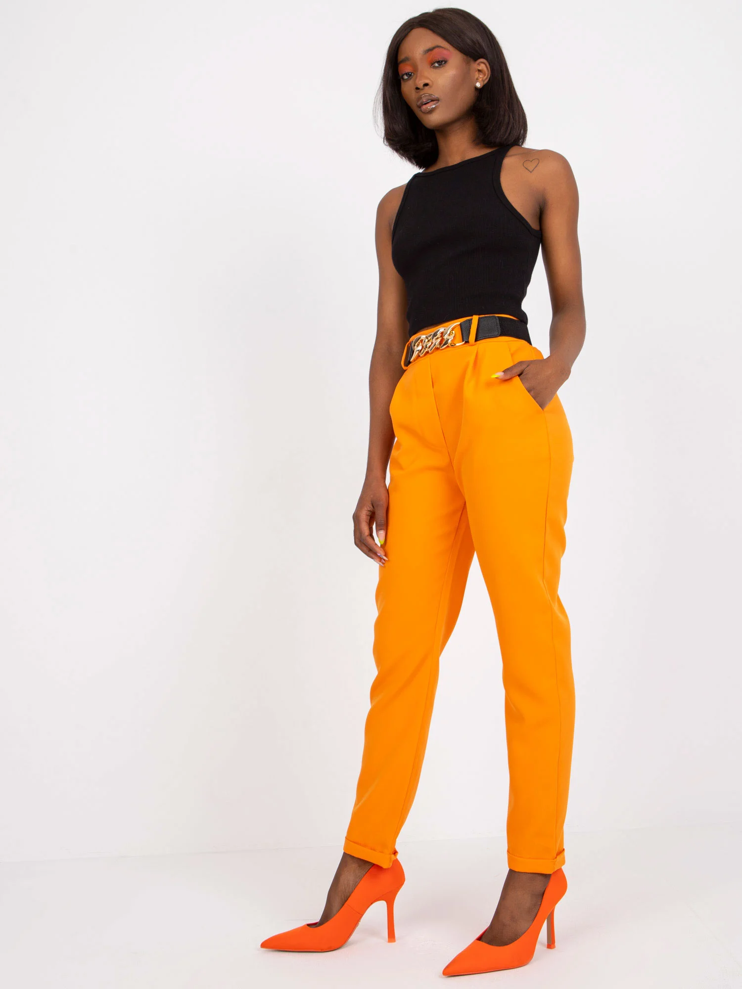 Pantaloni Dama Clasic, Guler inalt, ITALY MODA, Portocaliu de Petrecere Marimi Mari - Image 5