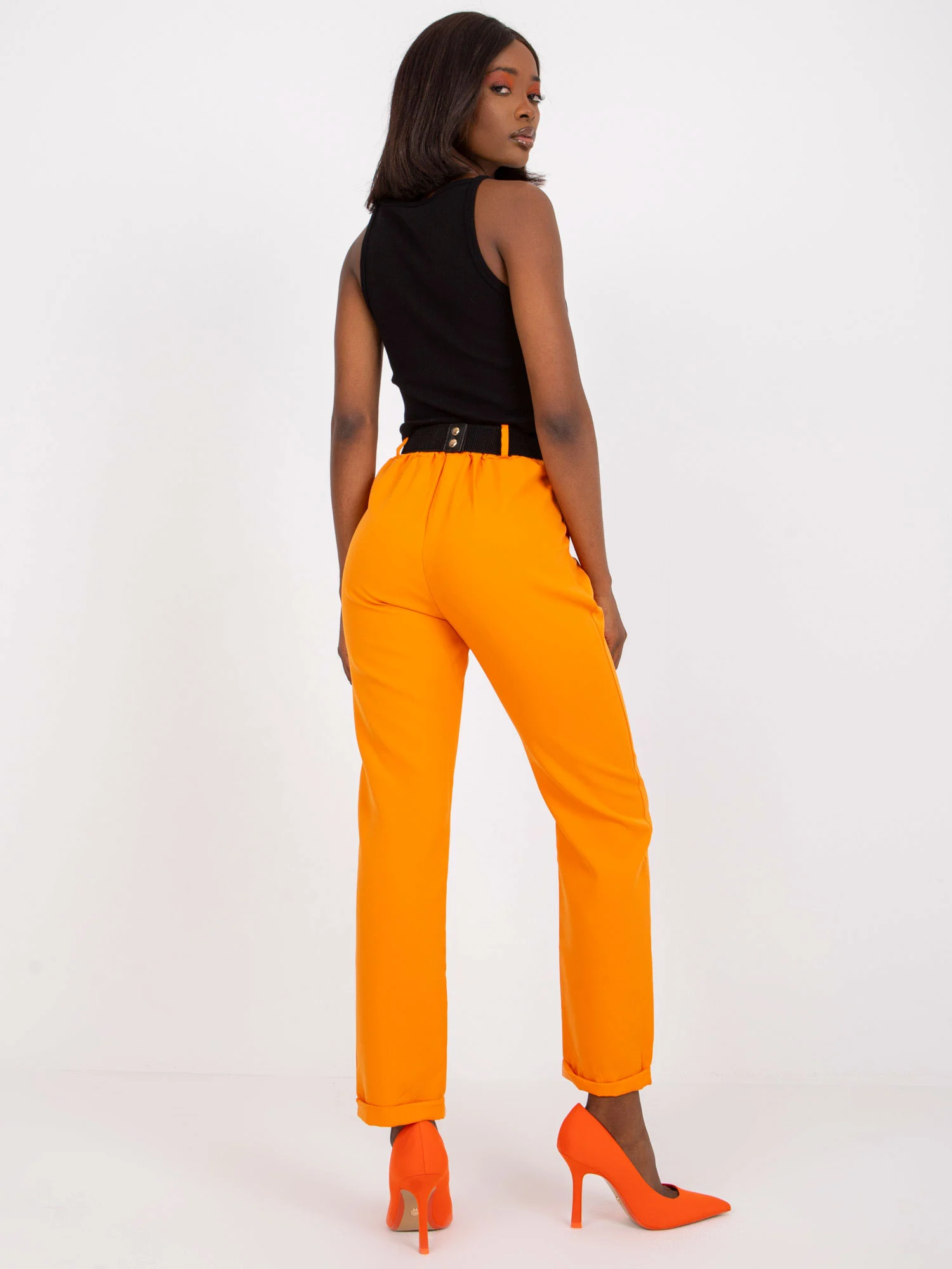 Pantaloni Dama Clasic, Guler inalt, ITALY MODA, Portocaliu de Petrecere Marimi Mari - Image 3