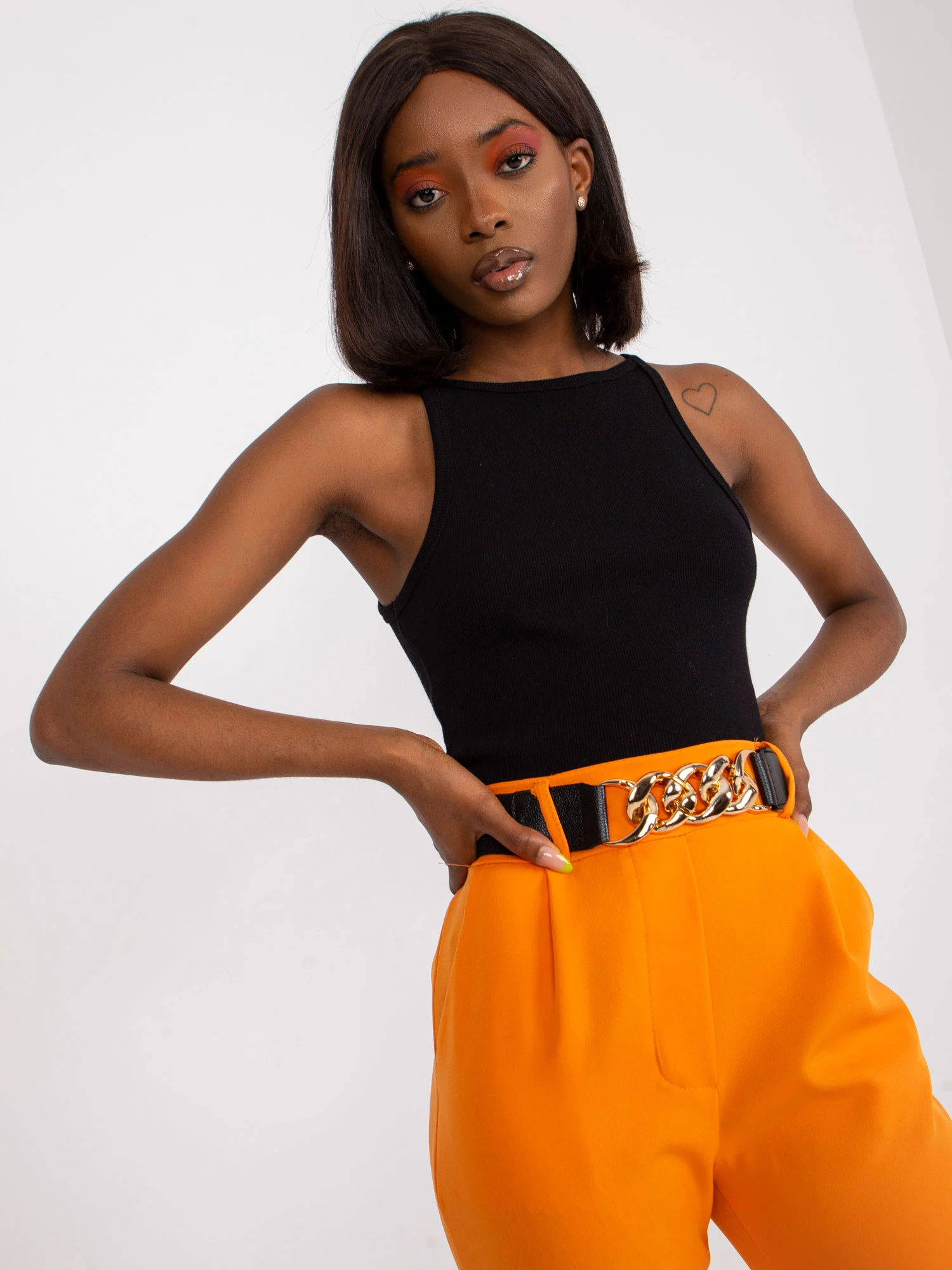 Pantaloni Dama Clasic, Guler inalt, ITALY MODA, Portocaliu de Petrecere Marimi Mari - Image 6