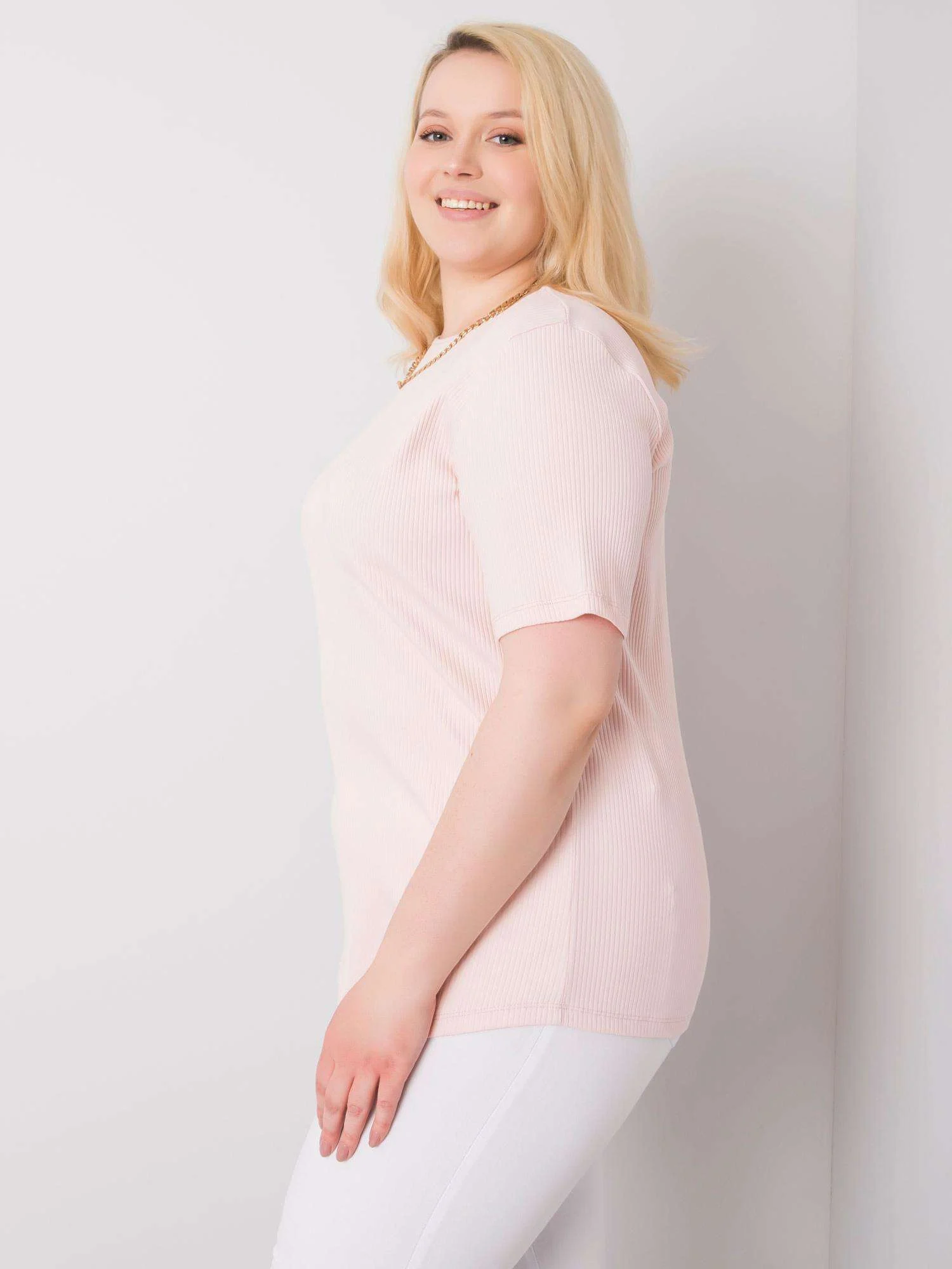 Bluza Dama Mini, Decolteu rotund, BASIC FEEL GOOD, Roz Eleganta Office Marimi Mari - imagine 5