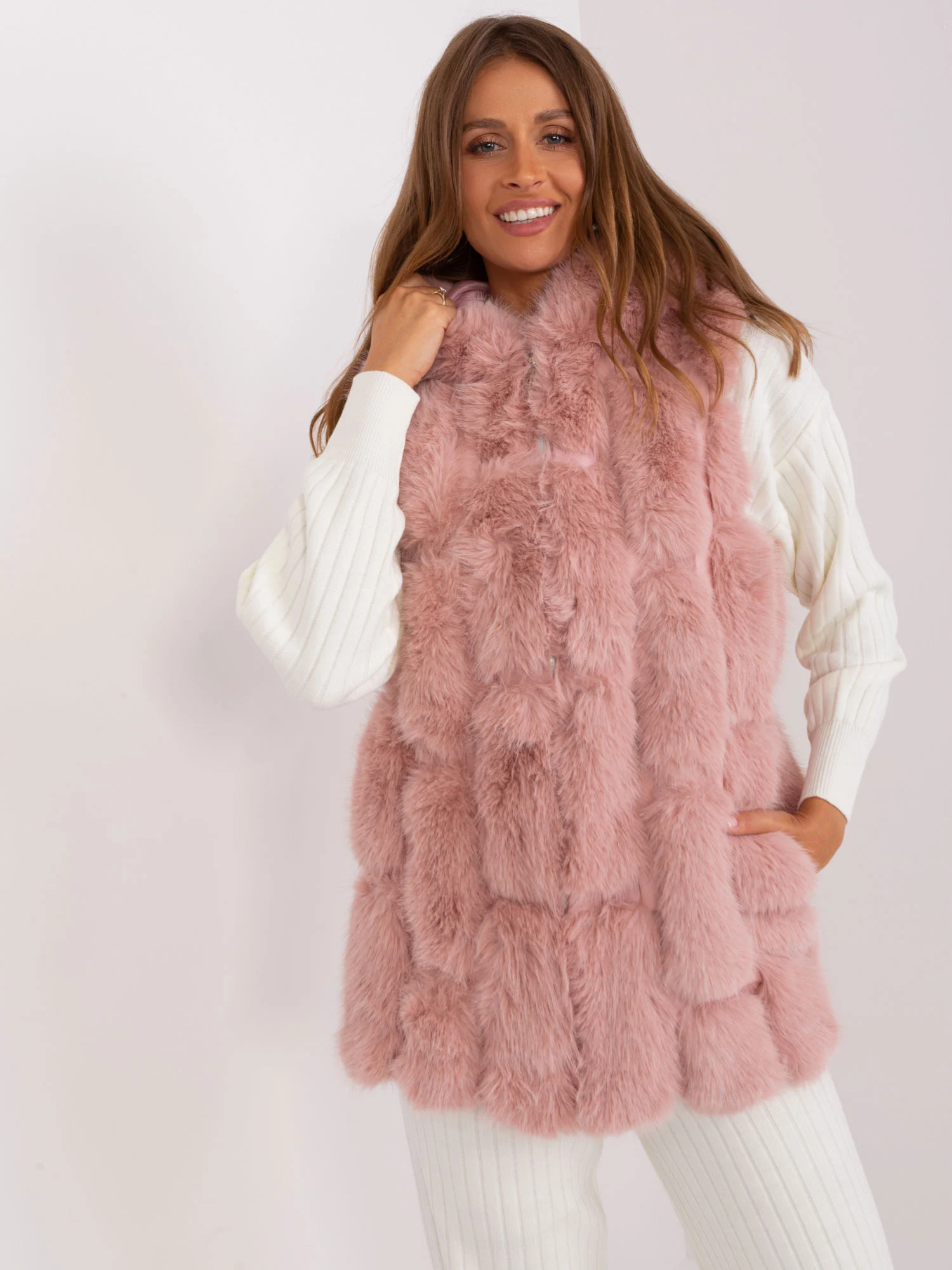 Vesta Dama Fara maneci, Guler inalt, Wool Fashion Italia, Roz Casual Marimi Mari - imagine 2