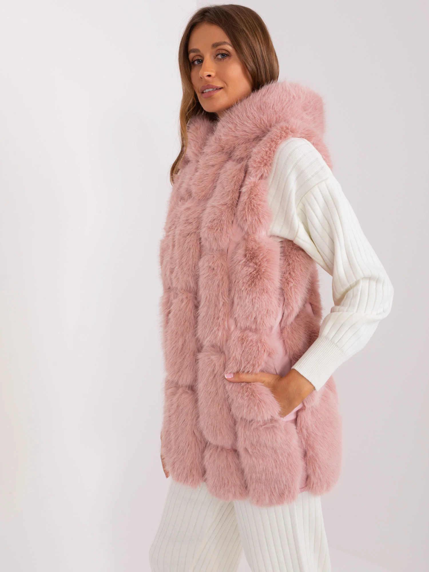 Vesta Dama Fara maneci, Guler inalt, Wool Fashion Italia, Roz Casual Marimi Mari - imagine 4