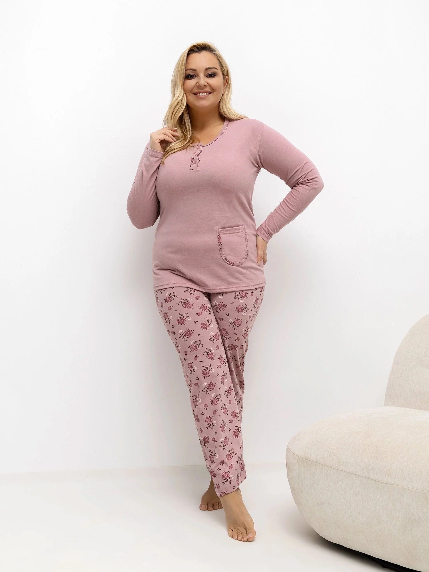 Pijama Dama Maneca lunga, Floral, Forever Pink, Roz Marimi Mari - imagine 5
