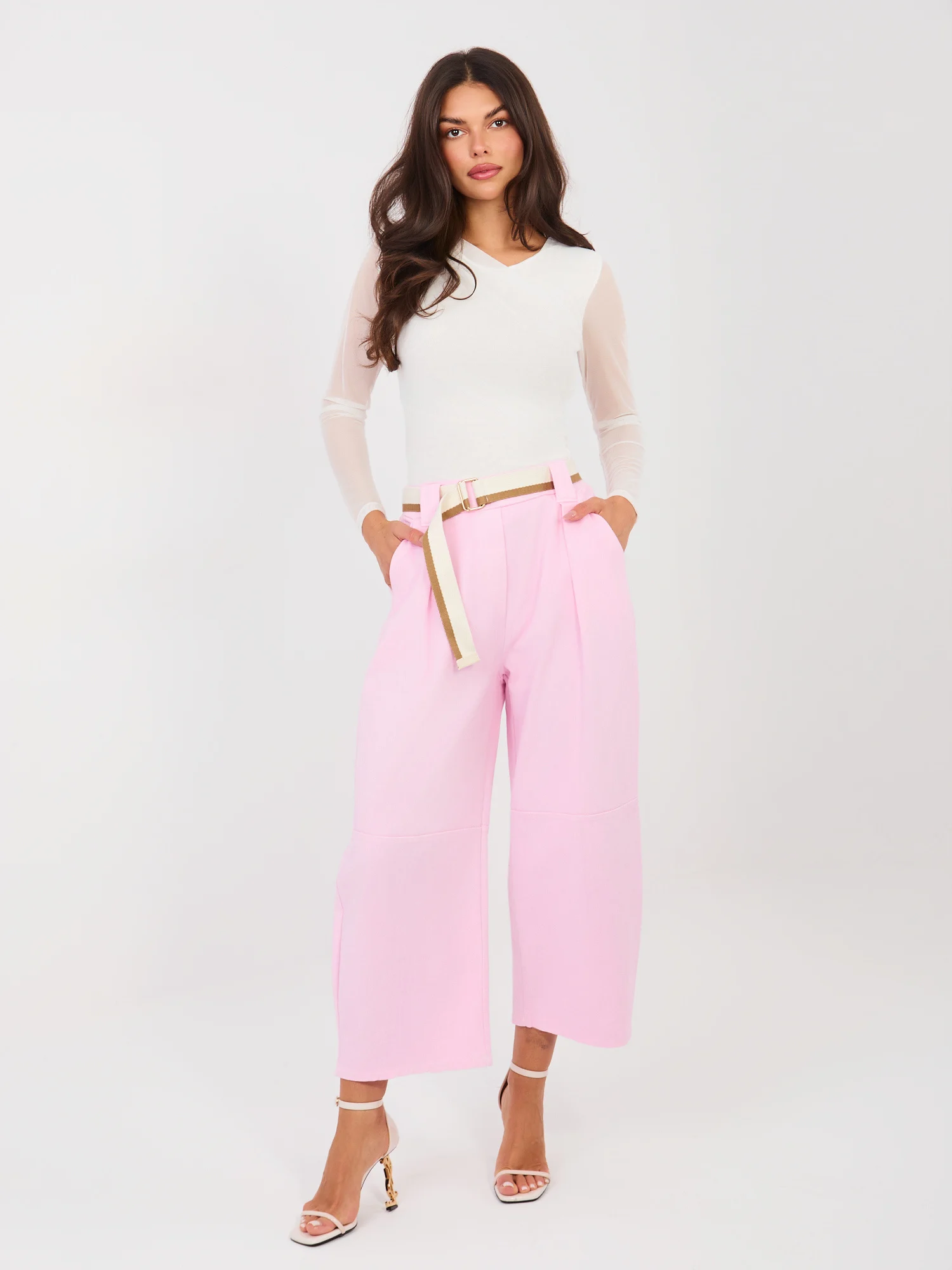 Pantaloni Dama Larga, Guler inalt, RUE PARIS, Roz Eleganta Office - Image 3