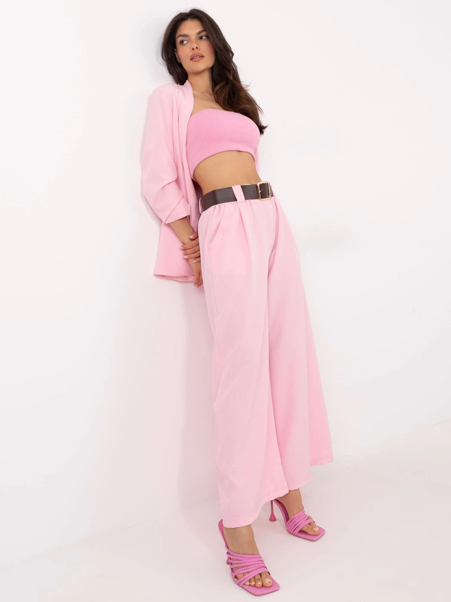 Pantaloni Dama Lejera, Guler inalt, ITALY MODA, Roz Eleganta Office - imagine 3