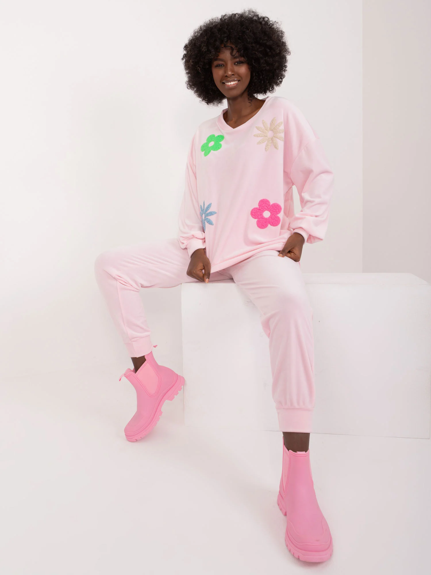 Compleu Dama Maneca lunga, Floral, ITALY MODA, Roz Casual - imagine 3