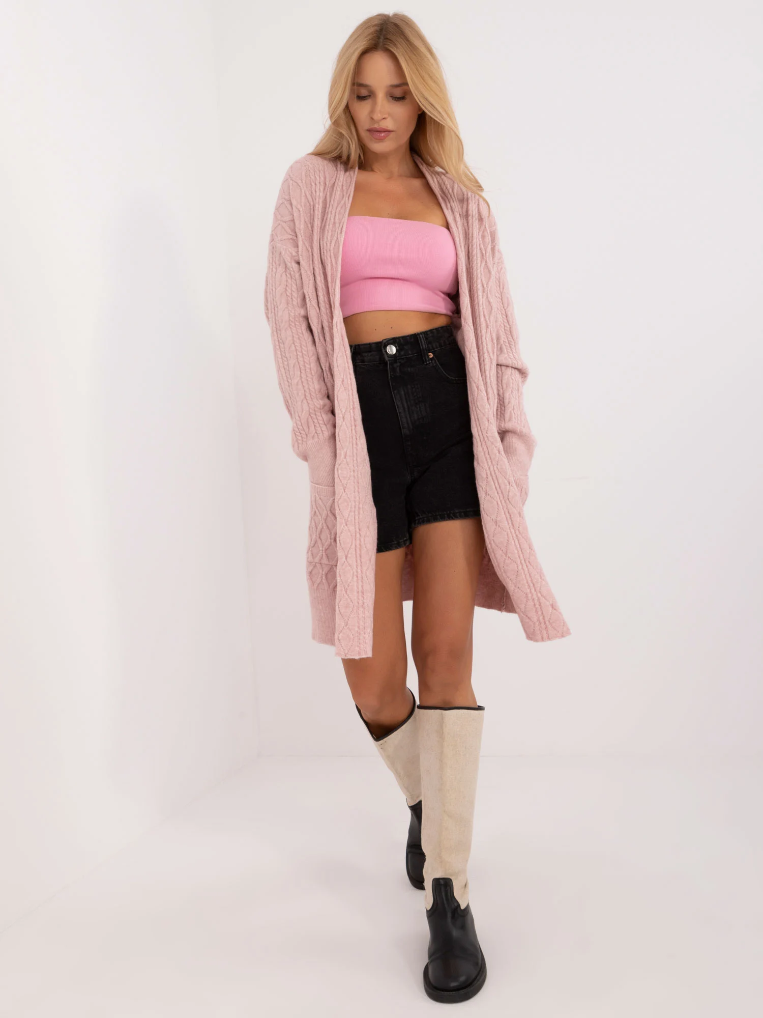 Cardigan Dama Maneca lunga, Guler inalt, Wool Fashion Italia, Roz Casual - imagine 2
