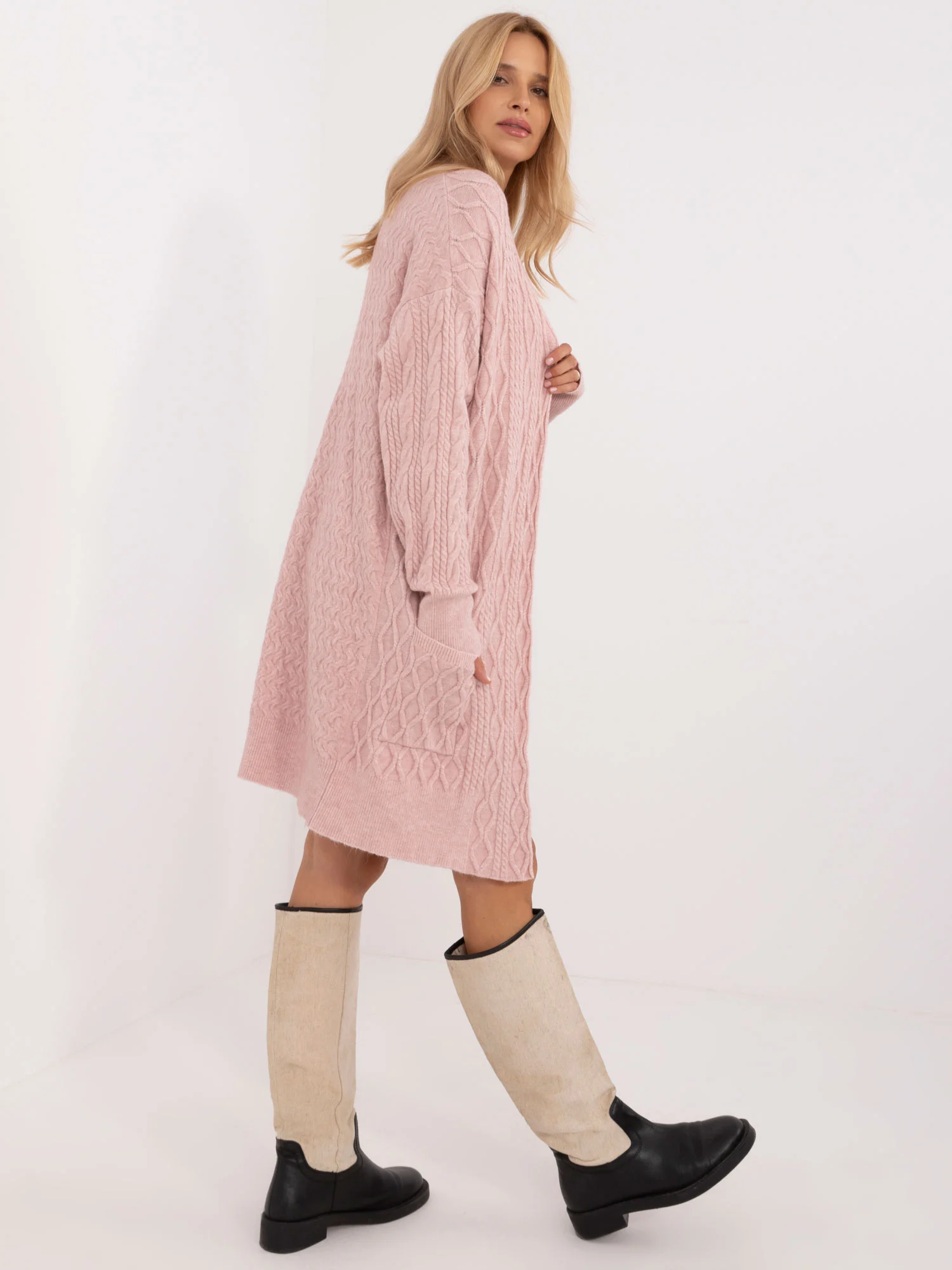 Cardigan Dama Maneca lunga, Guler inalt, Wool Fashion Italia, Roz Casual - imagine 4