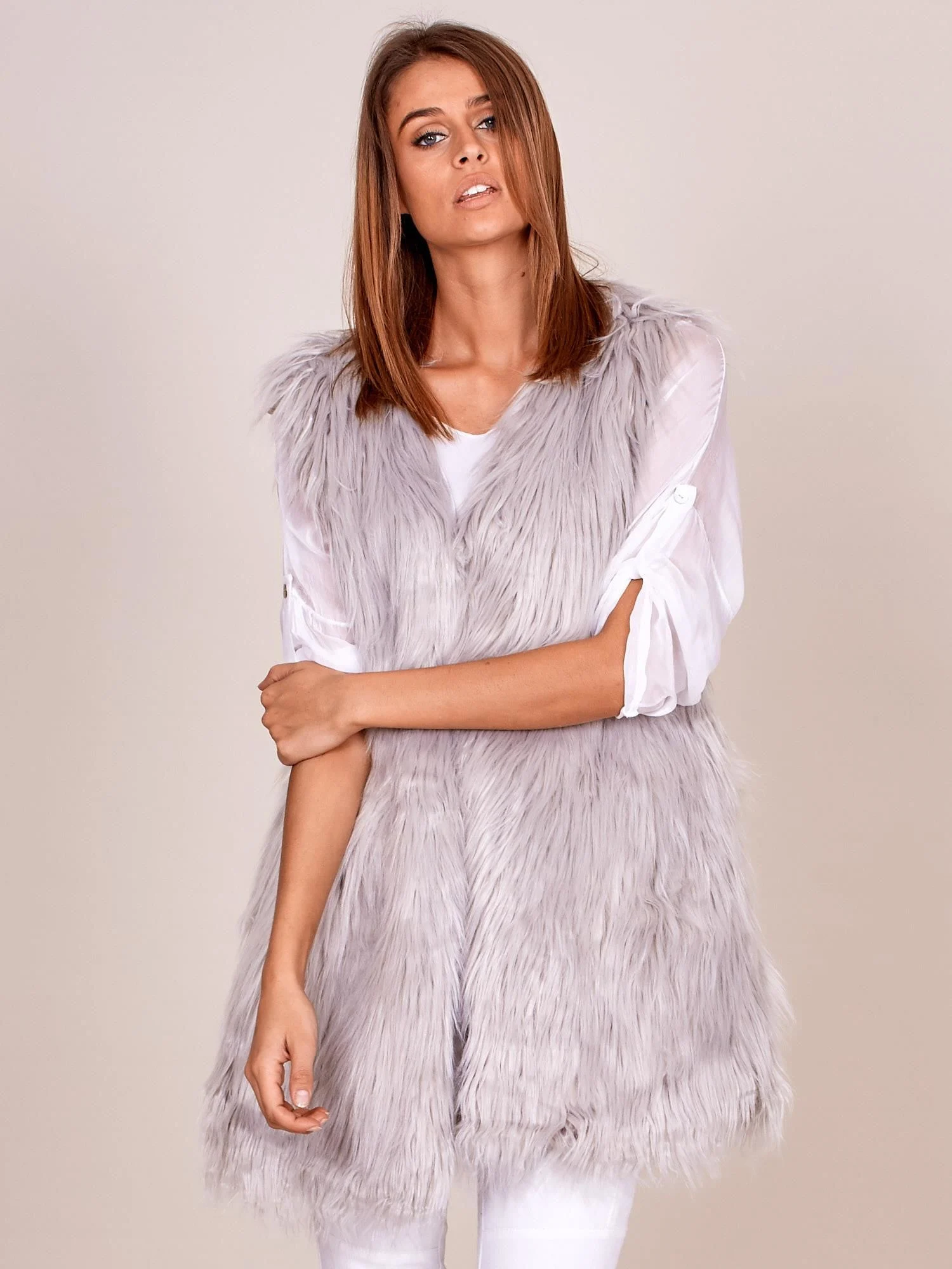 Vesta Dama Fara maneci, Elegant, Wool Fashion Italia, Gri Eleganta Office Marimi Mari - Image 4