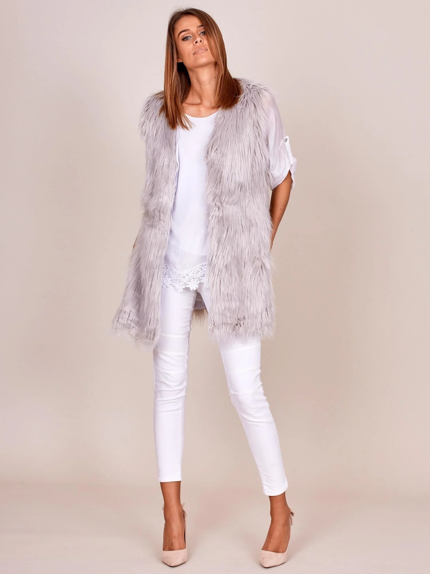 Vesta Dama Fara maneci, Elegant, Wool Fashion Italia, Gri Eleganta Office Marimi Mari - Image 2