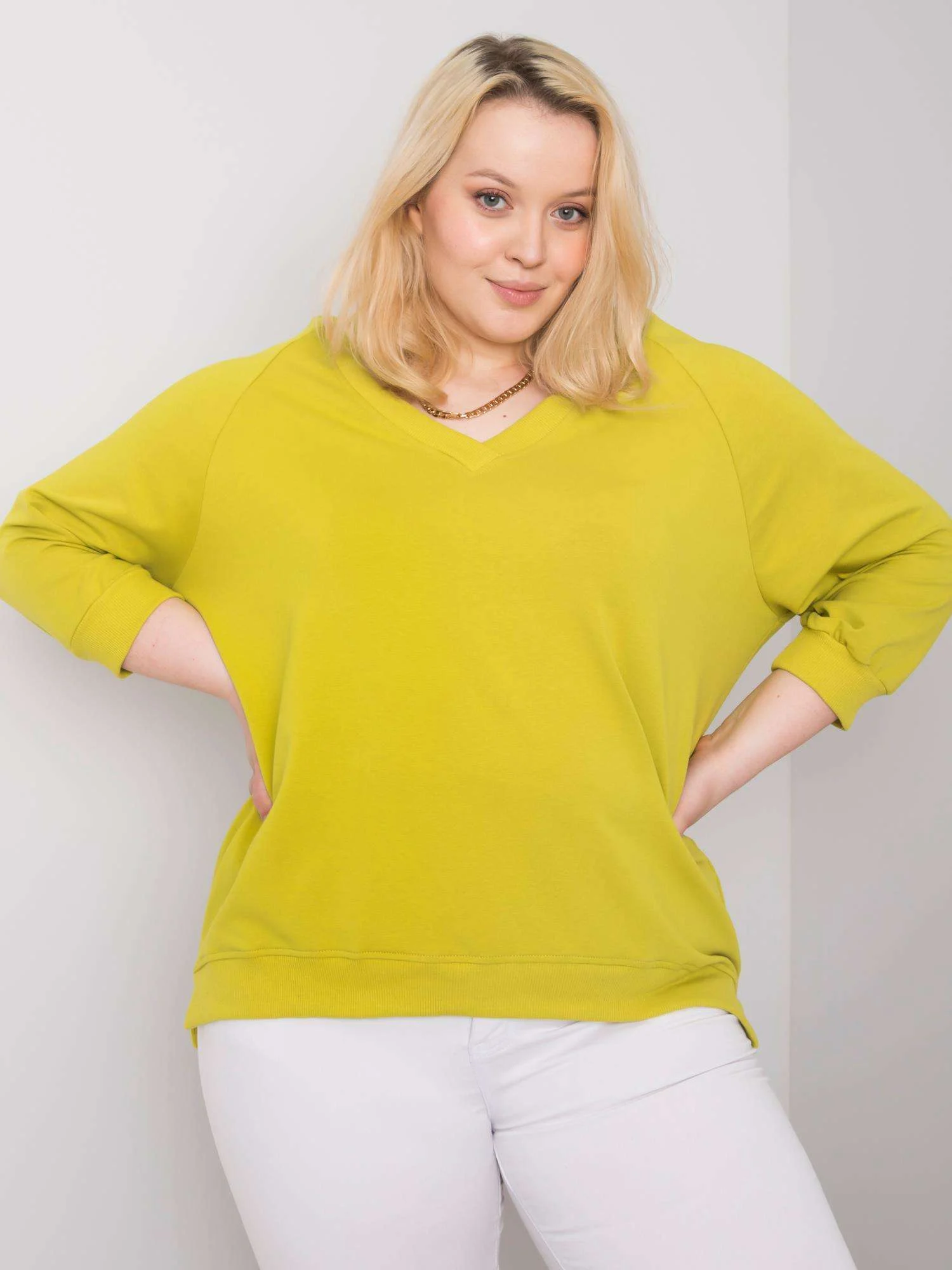 Hanorac Dama Maneca 3/4, Decolteu in V, BASIC FEEL GOOD, Lime Casual Marimi Mari - imagine 4