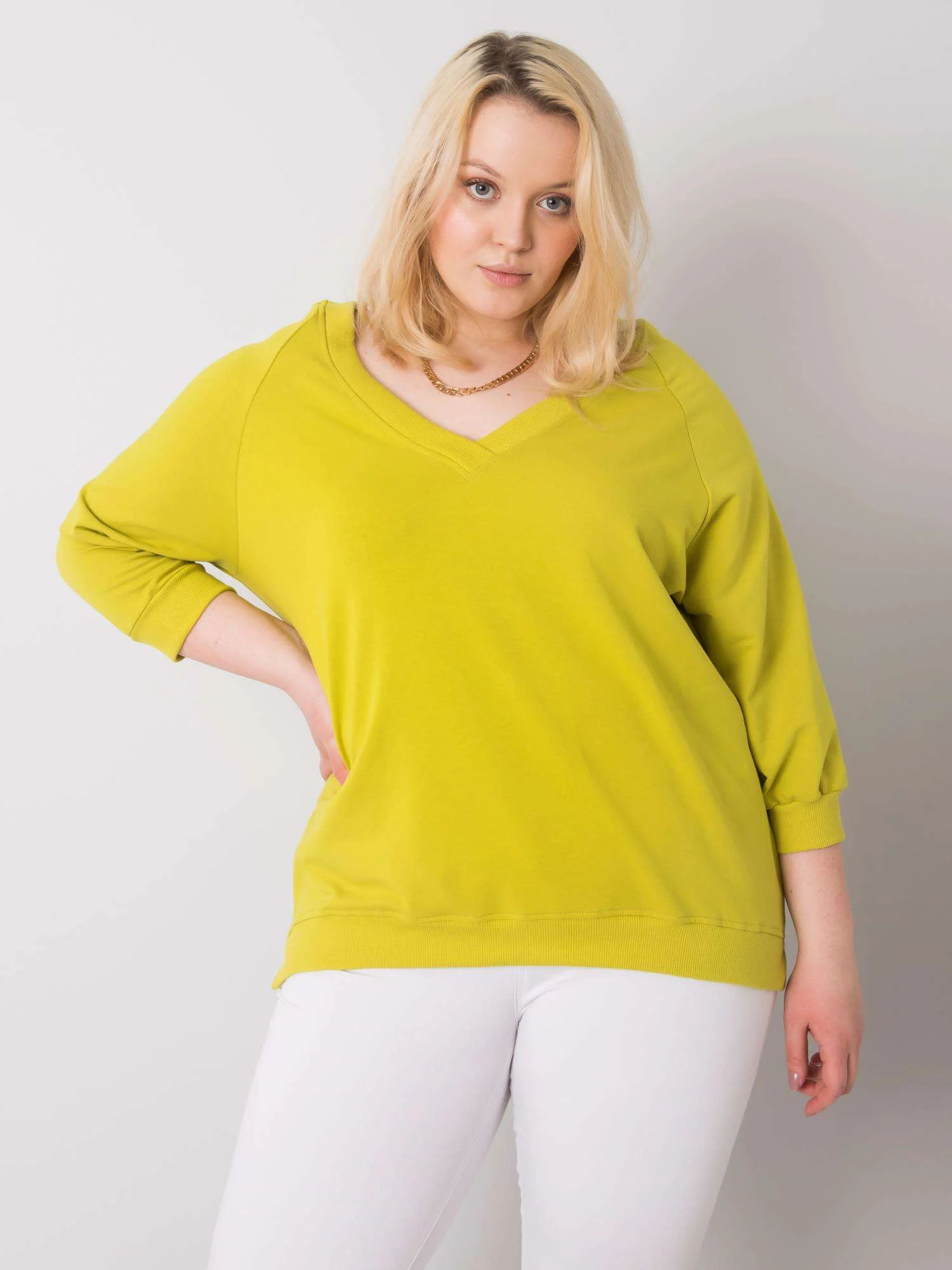 Hanorac Dama Maneca 3/4, Decolteu in V, BASIC FEEL GOOD, Lime Casual Marimi Mari - imagine 2
