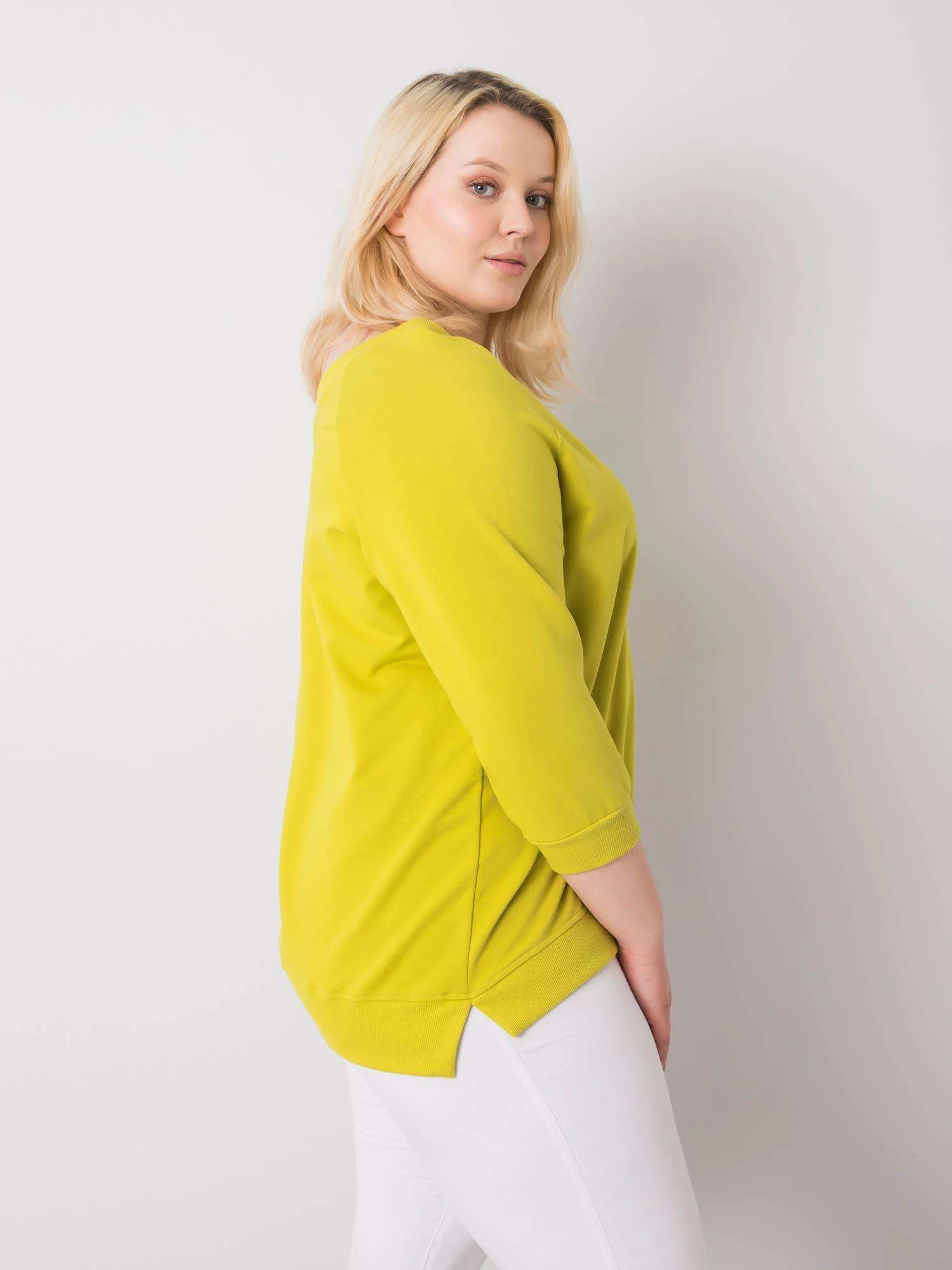 Hanorac Dama Maneca 3/4, Decolteu in V, BASIC FEEL GOOD, Lime Casual Marimi Mari - imagine 3