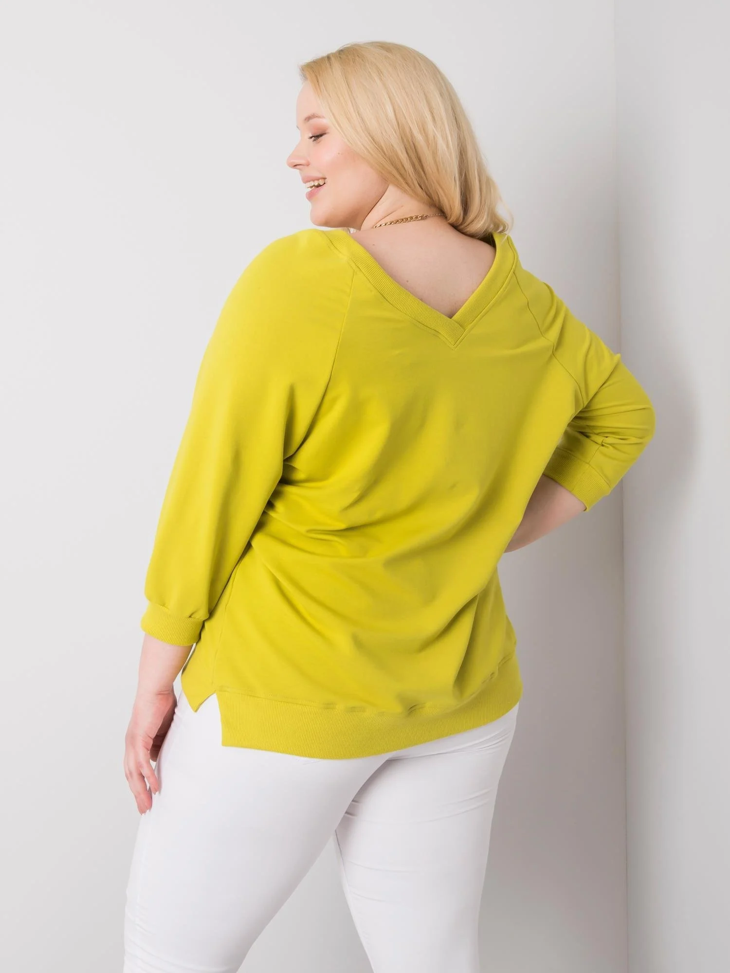 Hanorac Dama Maneca 3/4, Decolteu in V, BASIC FEEL GOOD, Lime Casual Marimi Mari - imagine 5