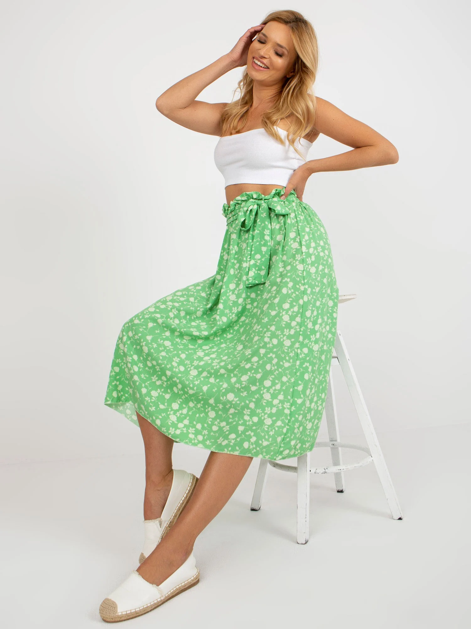 Fusta Dama Midi, Floral, RUE PARIS, Verde Casual - imagine 6