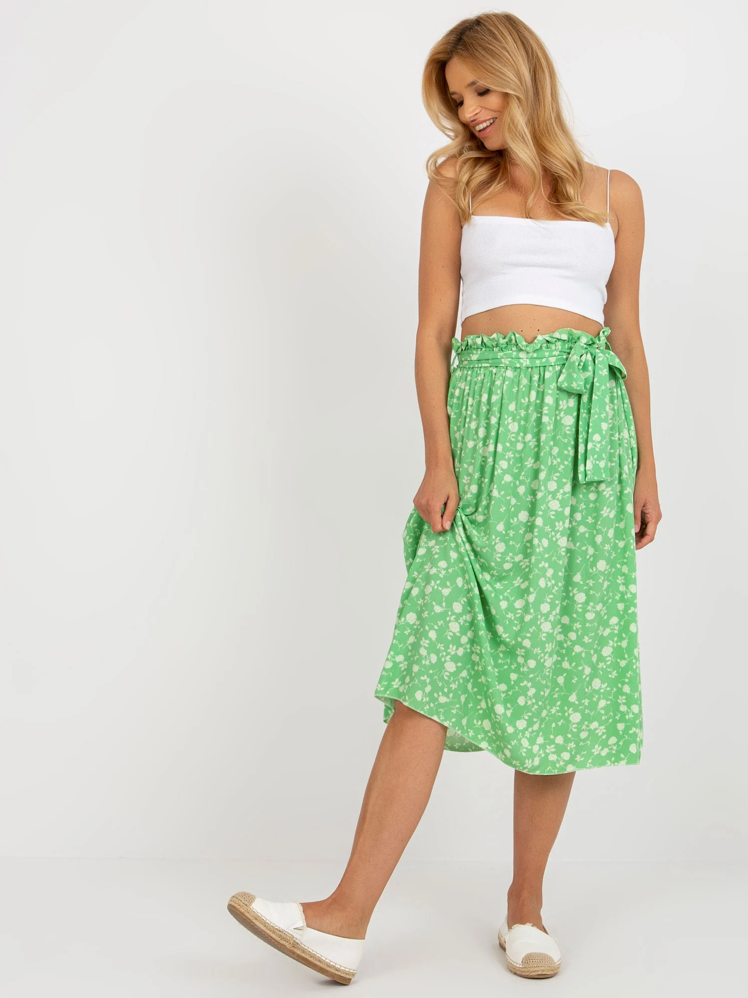 Fusta Dama Midi, Floral, RUE PARIS, Verde Casual - imagine 5
