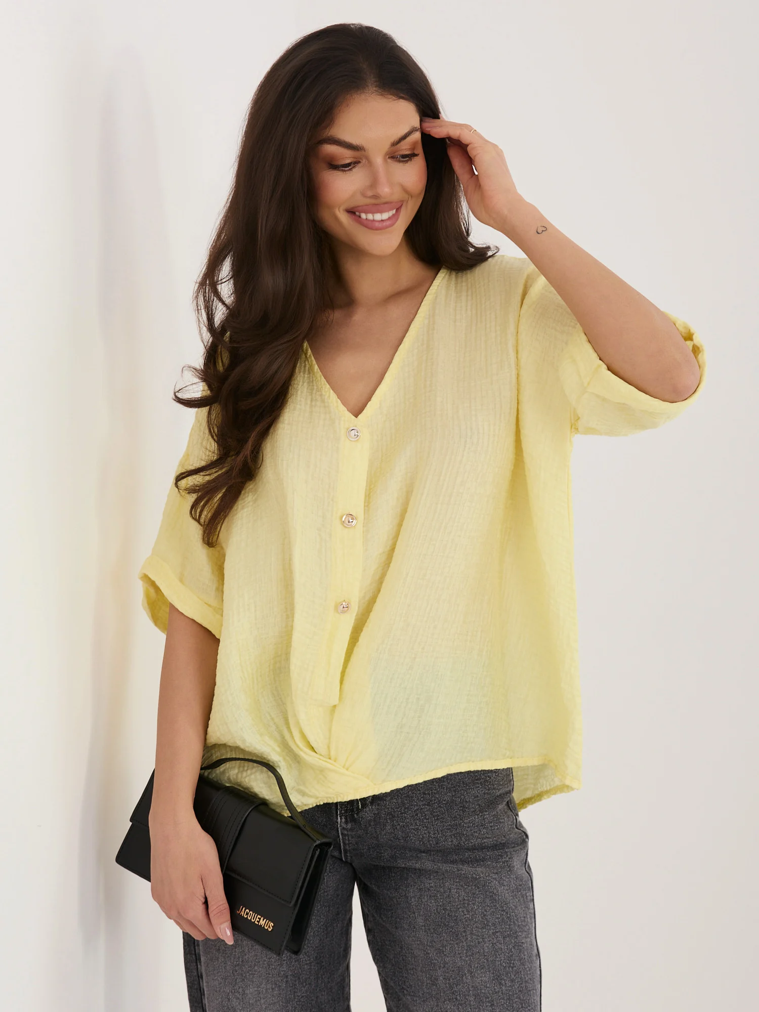 Bluza Dama Mini, Decolteu in V, ITALY MODA, Galben - imagine 4