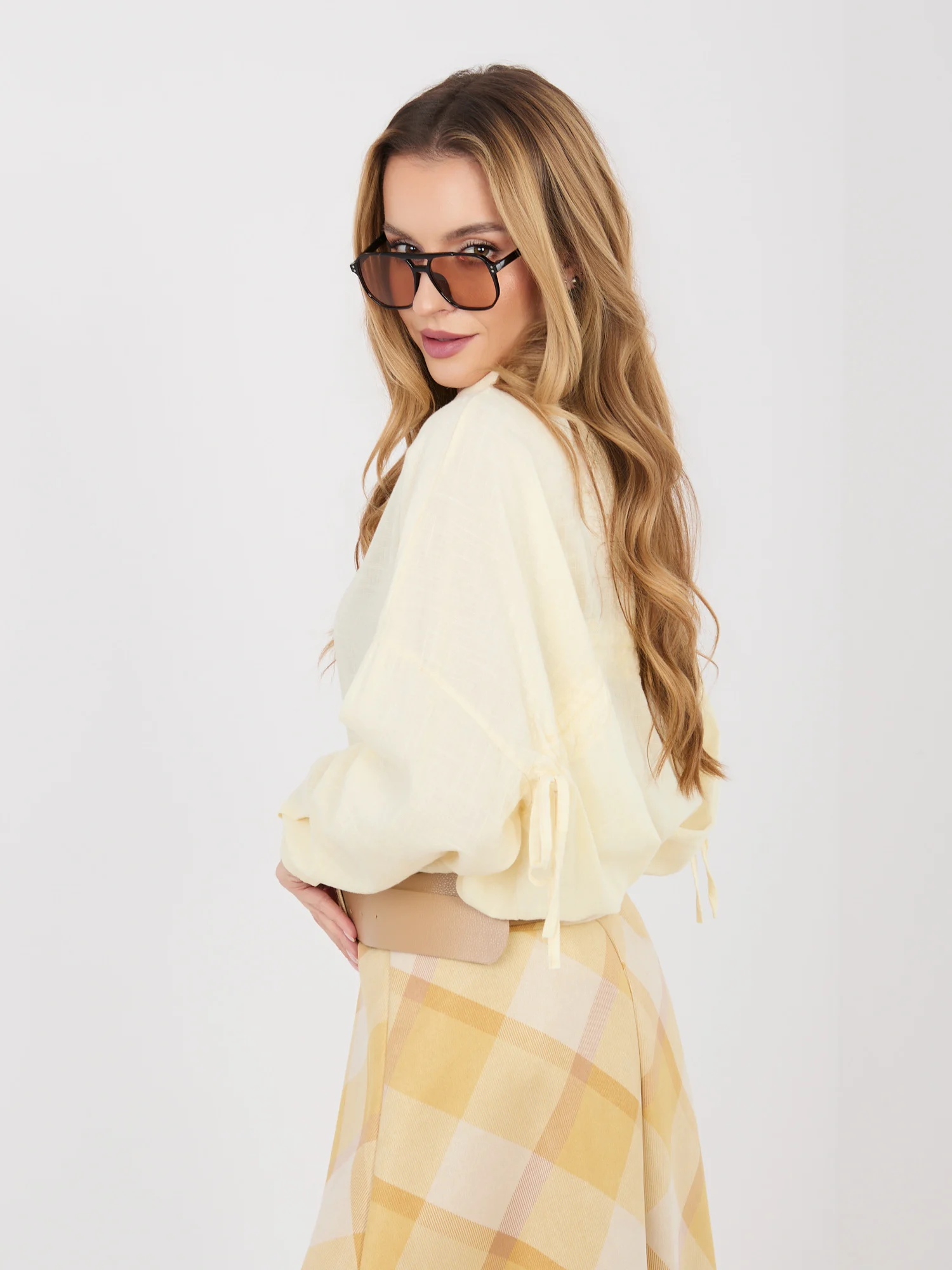 Camasa Dama Maneca lunga, Guler inalt, ITALY MODA, Galben Eleganta Office - imagine 7